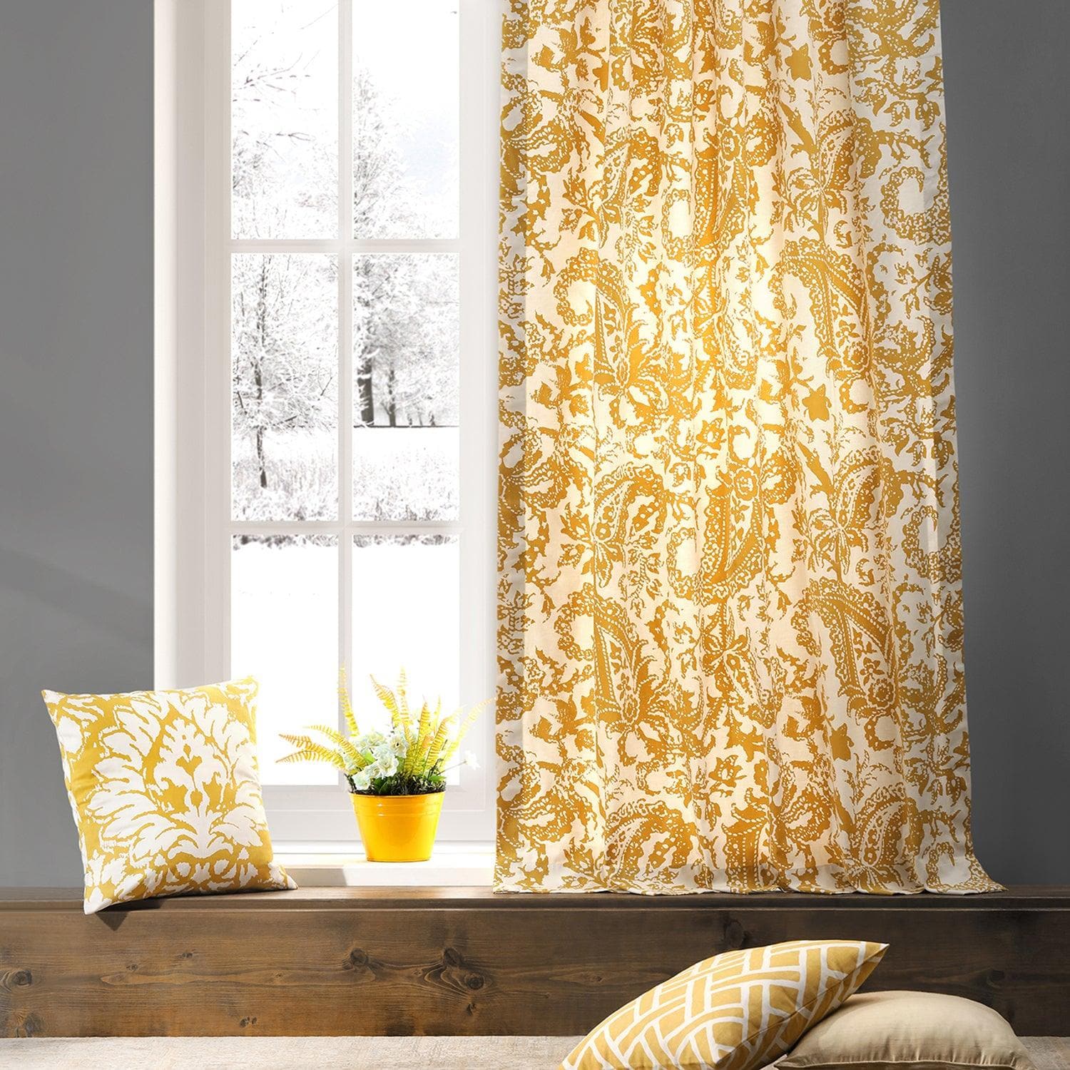 Edina Washed Mustard Paisley Printed Cotton Custom Curtains - Elegant Window Drapes for Living Room, Bedroom & Home Decor