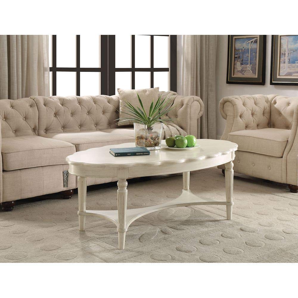 Solid Wood Oval Coffee Table with Scalloped Round Tabletop & Open Shelf - Traditional Cocktail Center Table for Living Room, Office, Reception - Perfect for Entertaining, Relaxing & Home Decor