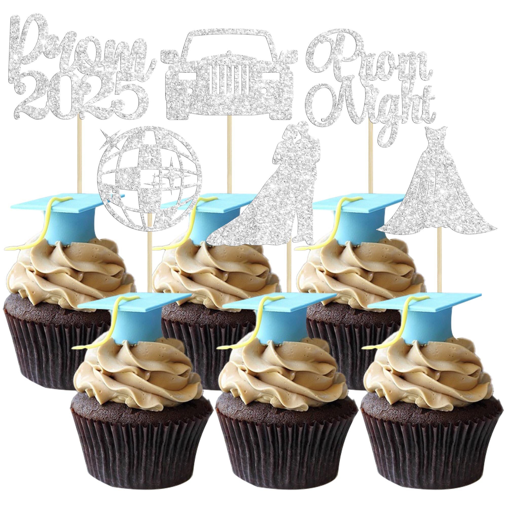 Ephlyn 24Pcs 2025 Graduation Cupcake Toppers - Glitter Prom Cake Decorations for Class of 2025, Silver Shimmer Party Supplies - Perfect for Graduation Ceremonies, Prom Nights & Celebration Cakes