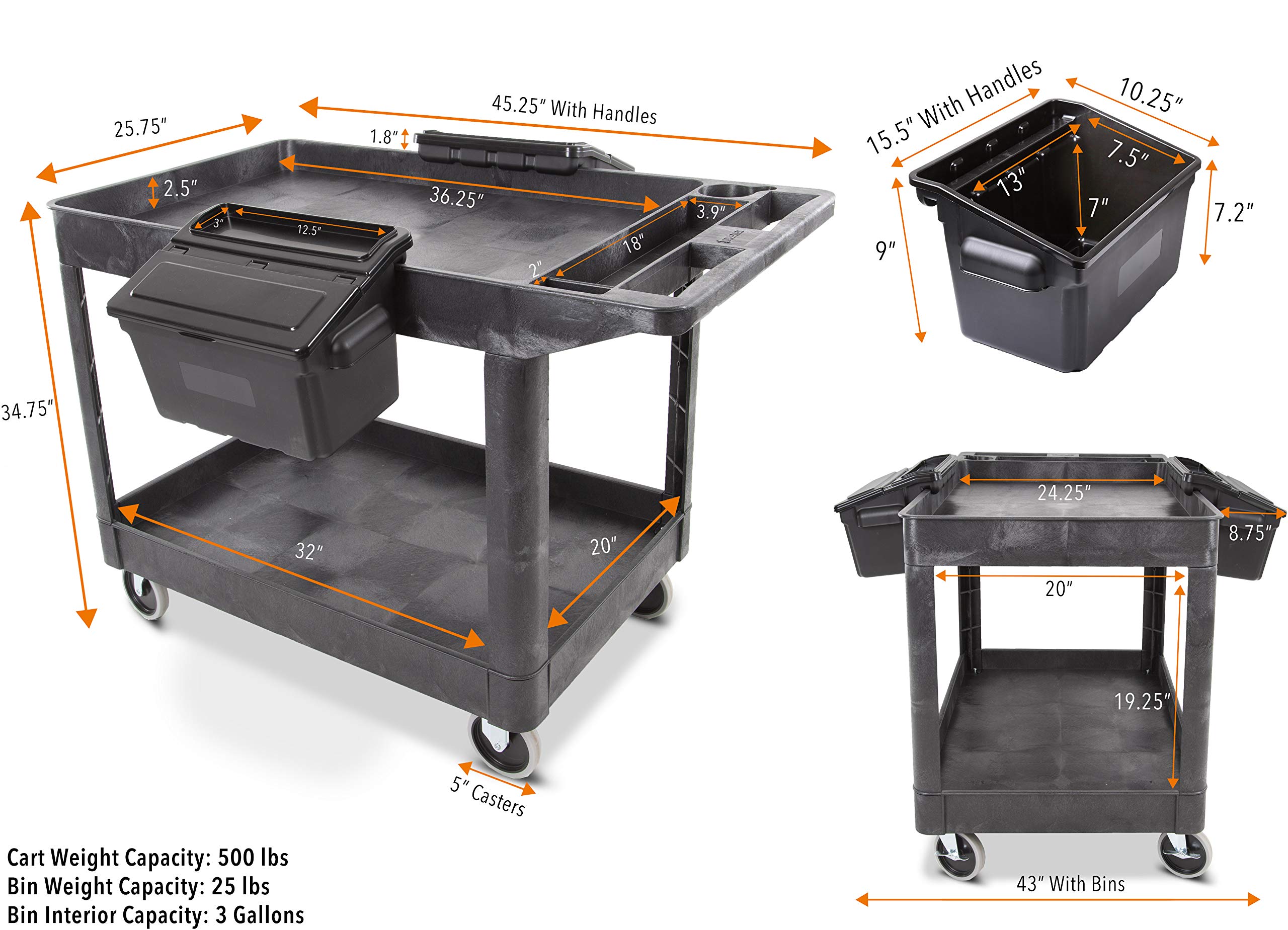 Extra Large Utility Cart with 2 Attachable Storage Bins - Heavy Duty Rolling Cart Holds 500 lbs - 2 Shelf Mobile Cart for Warehouse, Garage, Home & Office Organization (45.5