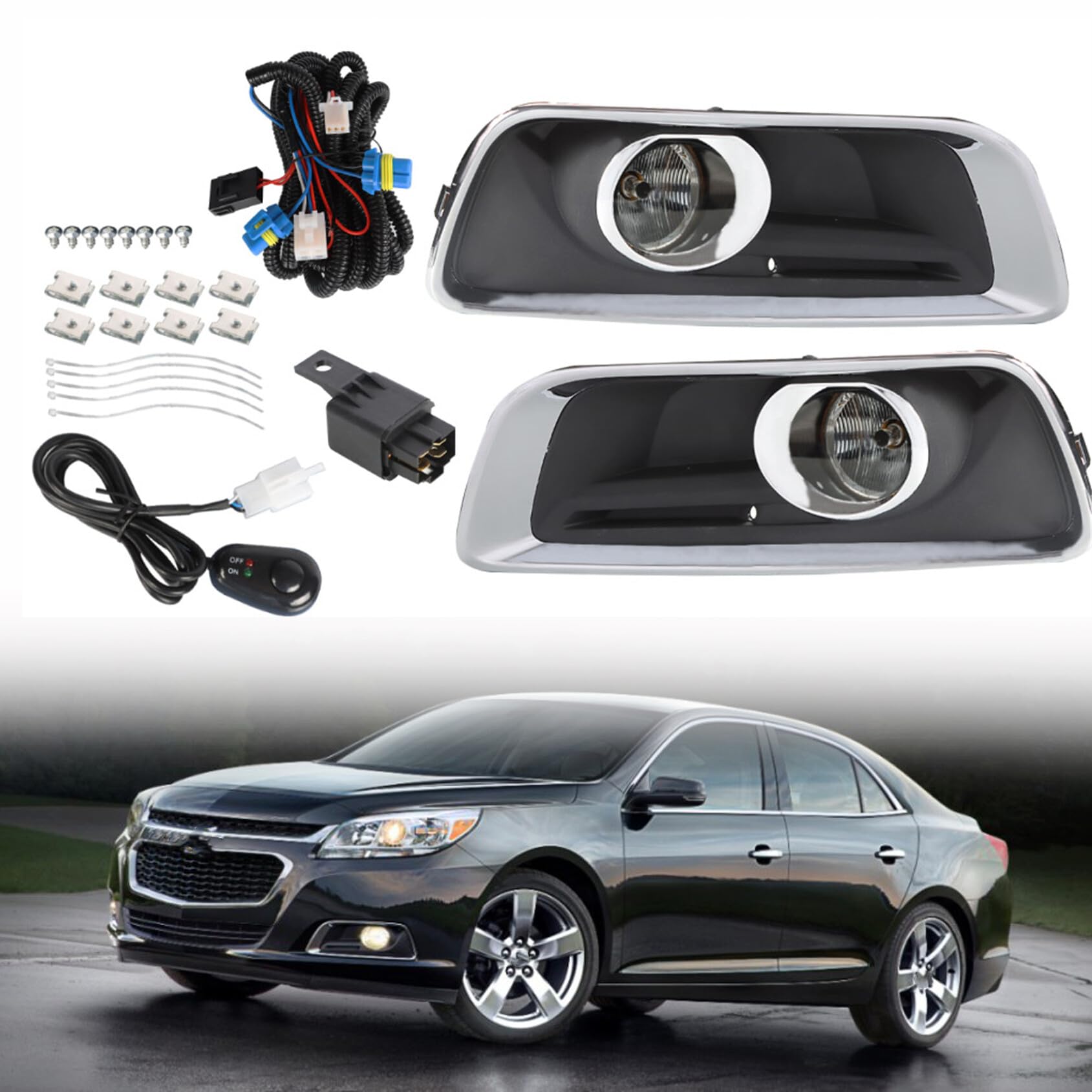 2PCS Front Driving Fog Light Assembly with Bulbs & Switch Wiring Kit - Compatible with 2013-2015 Chevy Malibu - Durable Replacement for Enhanced Night Visibility & Safety Driving