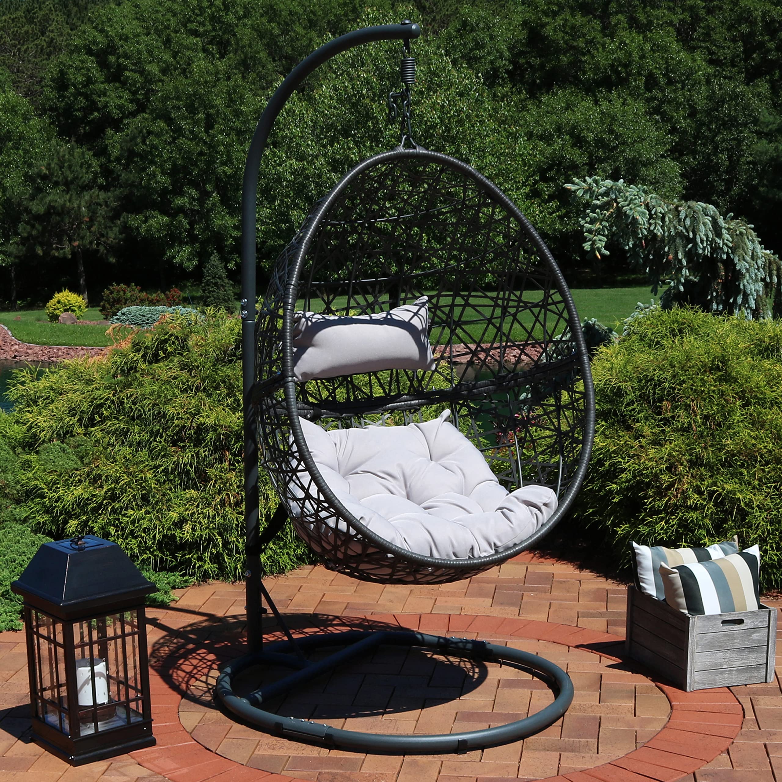 Sunnydaze Caroline Hanging Egg Chair Swing with Steel Stand - All-Weather Resin Wicker Porch Swing Chair - Large Basket Design Outdoor Lounging Chair with Gray Cushions - Perfect for Patio, Garden, Backyard Relaxation
