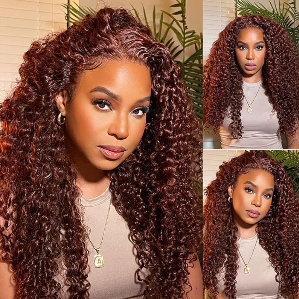 KLAIYI 10A Reddish Brown Curly 3 Bundles Brazilian Virgin Human Hair Weave 10 12 14 Inch - 100% Unprocessed Remy Hair Extensions for Sew in, Auburn Brown Copper Red 33B Color - Perfect for Daily Styling, Parties & Special Occasions