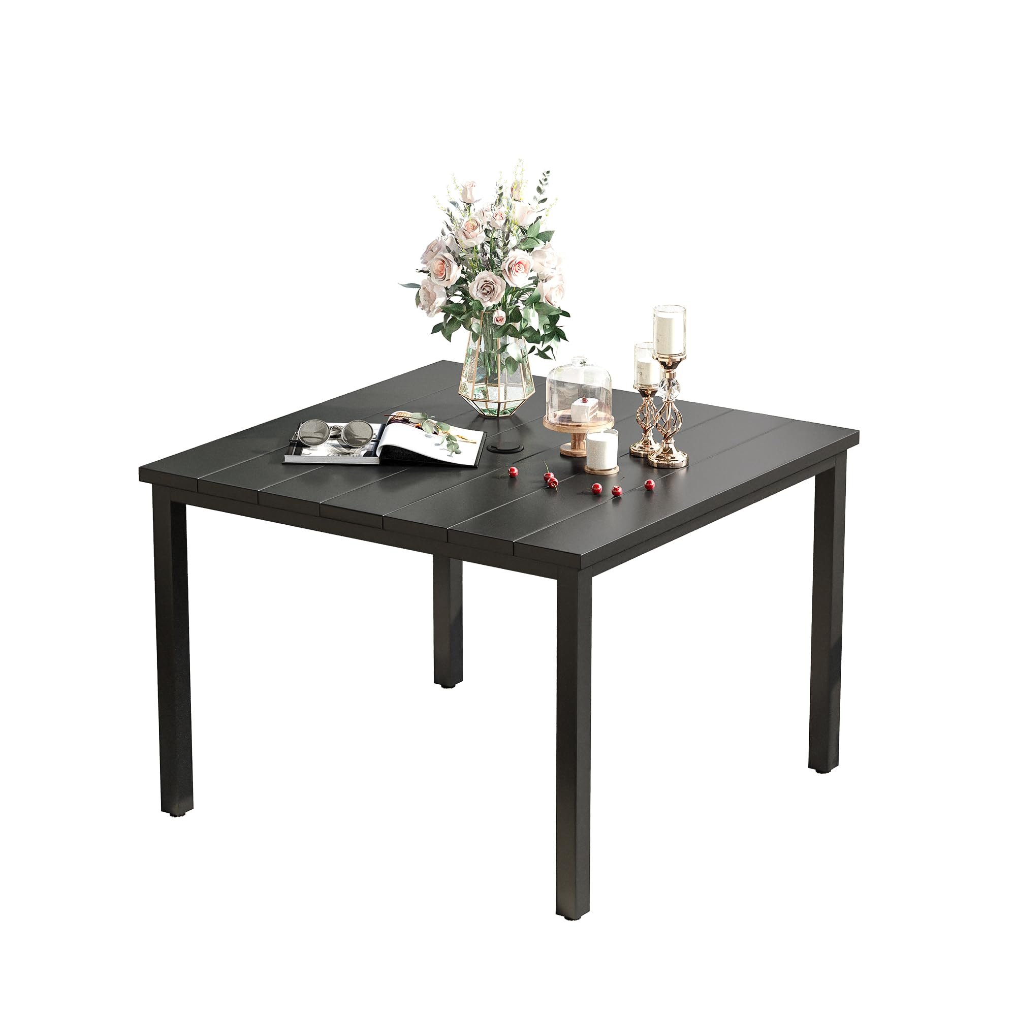 VICLLAX 40.2 Inch Square Outdoor Dining Table for 4 People - All-Weather Metal Patio Table with Umbrella Hole - Perfect for Garden, Lawn, Backyard & Poolside Gatherings - Black Tabletop