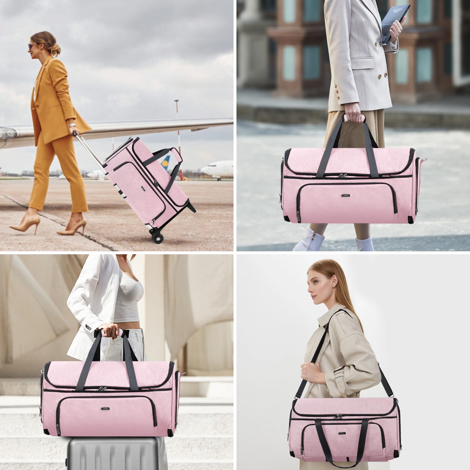 Premium Garment Bags with Wheels - Convertible Weekender Luggage for Travel, Large Duffle Garment Bag for Suits & Dresses (Pink) | Perfect for Business Trips, Weddings & Airplane Carry-On