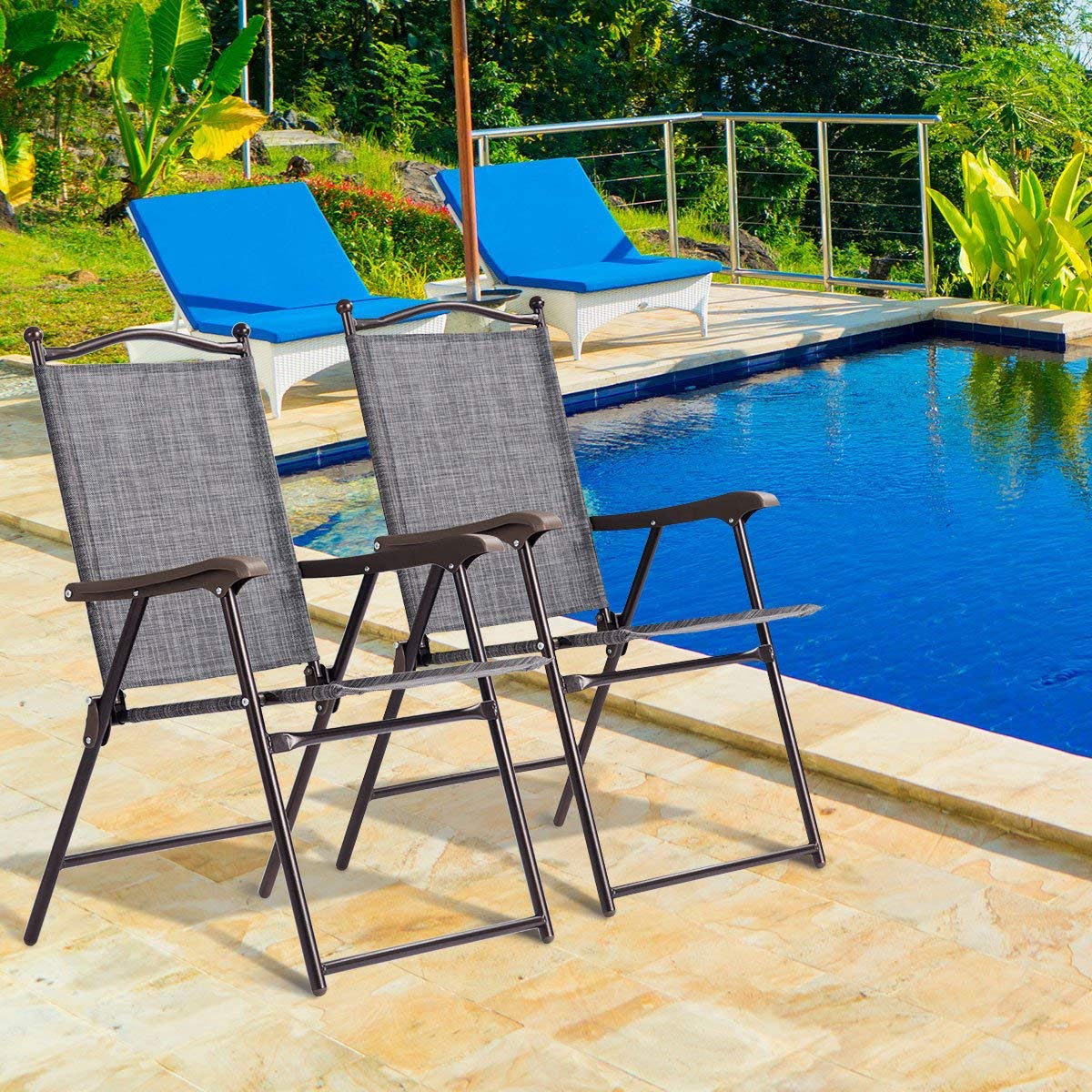 Giantex Set of 2 Folding Patio Chairs with Armrests - Lightweight Sling Lounge Chairs for Indoor Outdoor Use, Garden, Poolside, Beach, Camping & Backyard - Easy Assembly Metal Frame Grey Patio Furniture