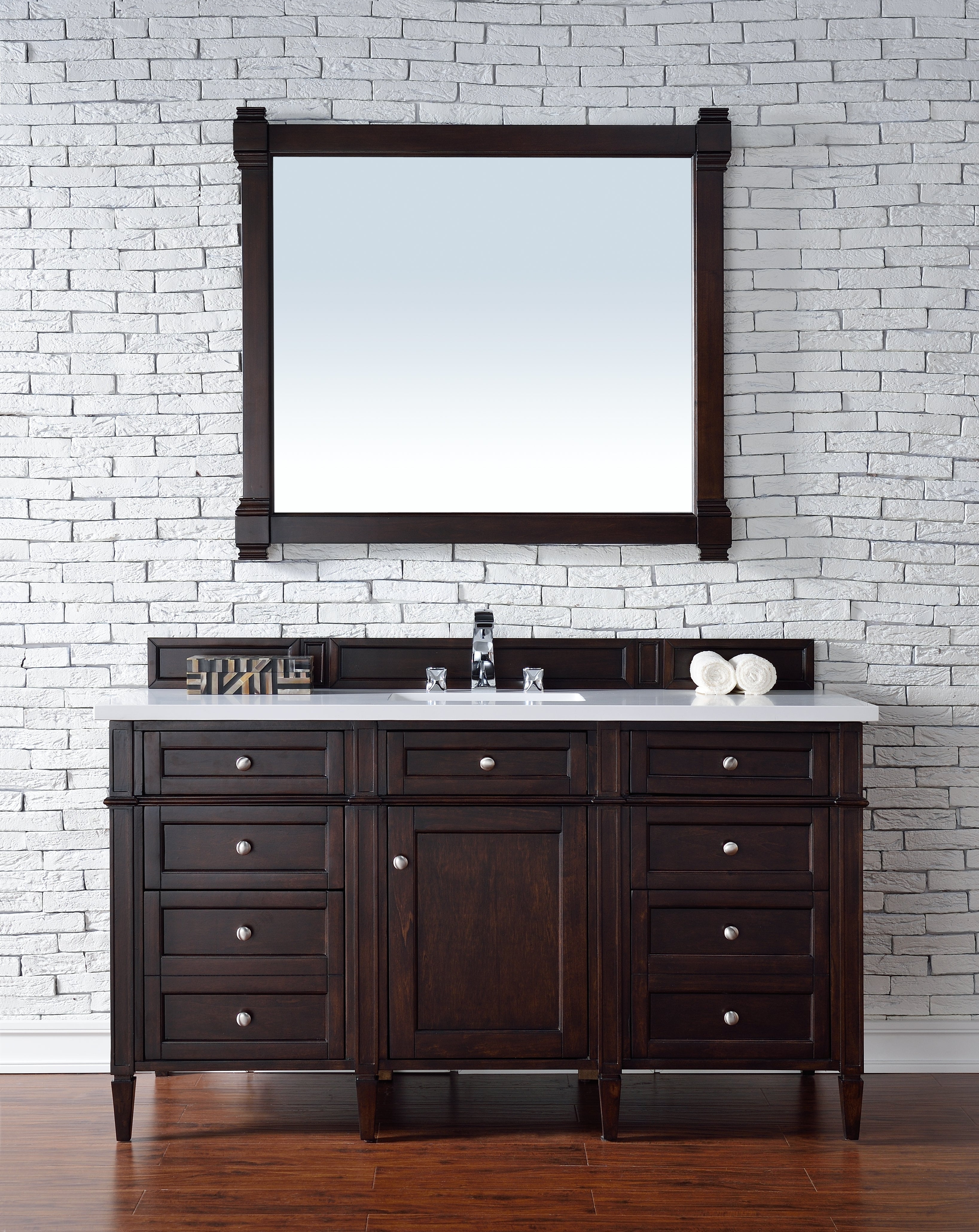 Brittany 60-Inch Burnished Mahogany Bathroom Vanity with 3CM Classic White Quartz Countertop - Perfect for Master Bathroom & Powder Room Remodeling
