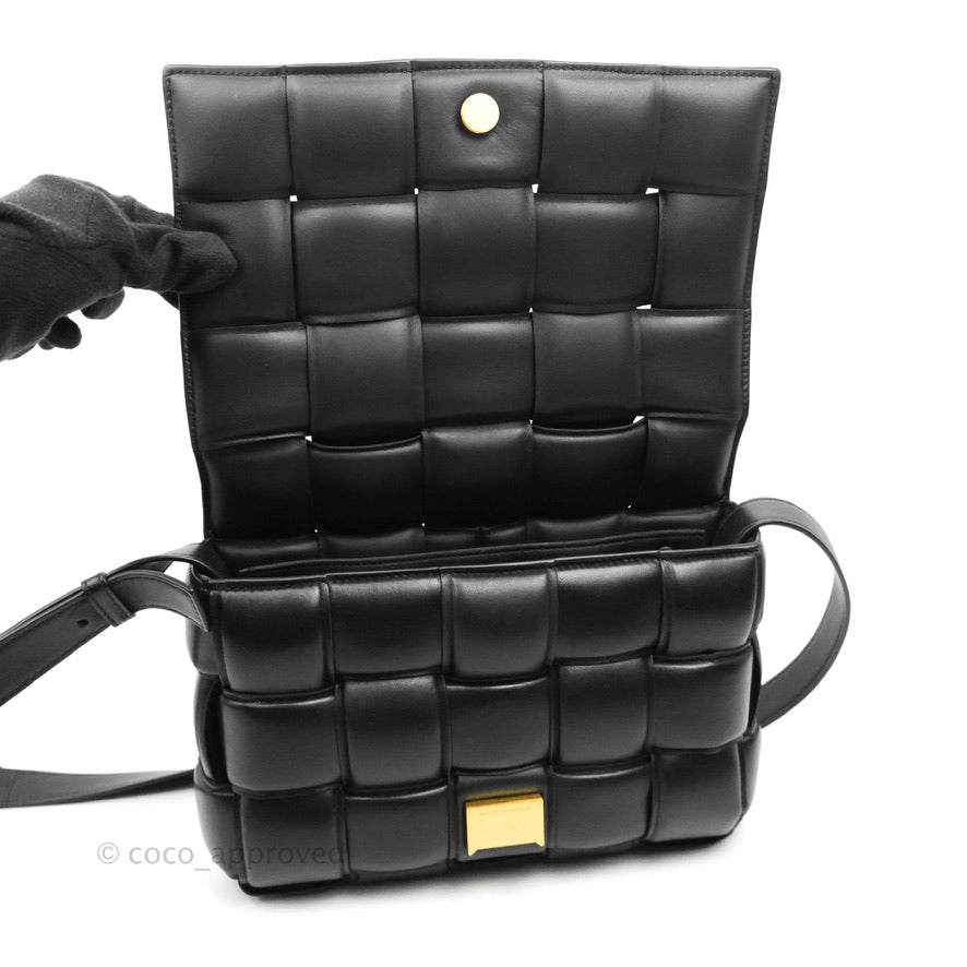 Bottega Veneta Padded Cassette Shoulder Bag - Intrecciato Black Lambskin Leather with Gold Hardware | Luxury Crossbody Purse for Women, Perfect for Date Night & Evening Events