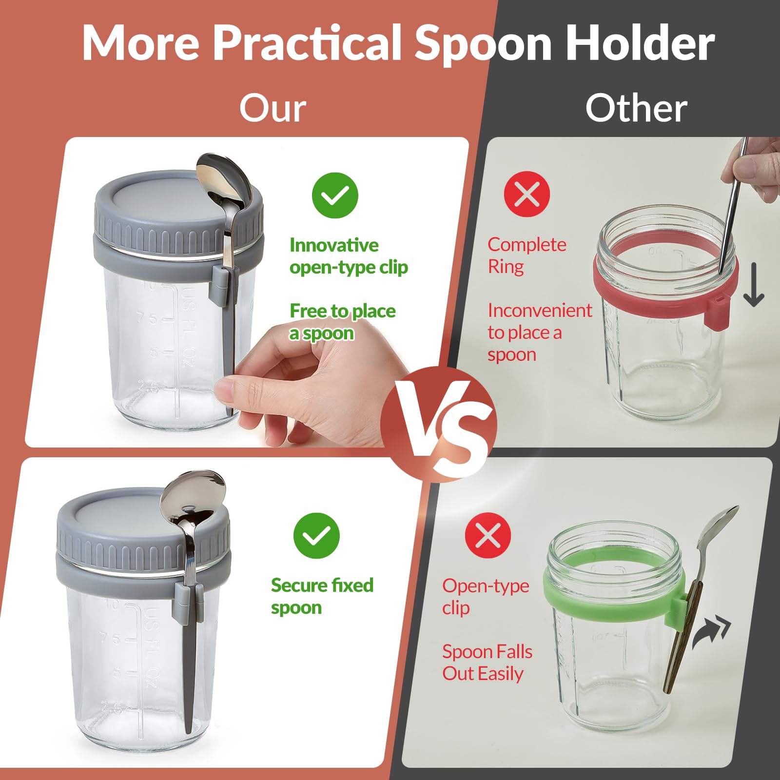 DRKIO 4 Pack 16 Oz Glass Mason Jars with Lids & Spoons - Leak Proof Overnight Oats Containers for Meal Prep, Perfect for Cereal, Yogurt, Fruit, Salad, Vegetables & Milk Storage - Ideal for Breakfast, Office Lunch & Healthy Snacks On-The-Go