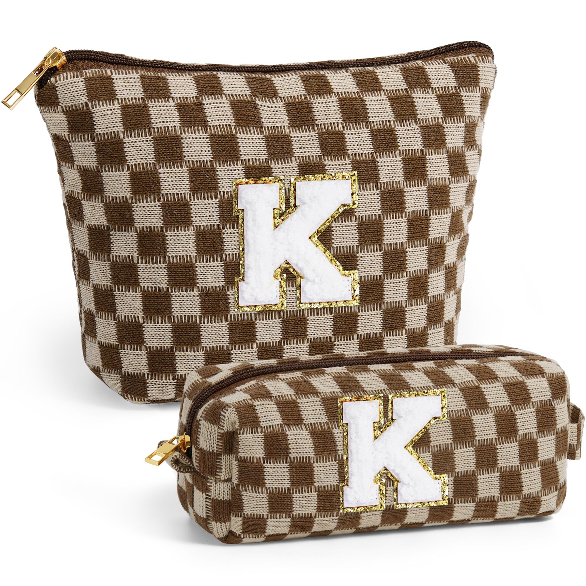 YOOLIFE Personalized Initial Makeup Bag - Travel Toiletry Cosmetic Organizer Set with Large Zipper, Small Cute Makeup Pouch for Purse & Car Essentials, Brown | Perfect for Travel, Gym & Daily Beauty Storage