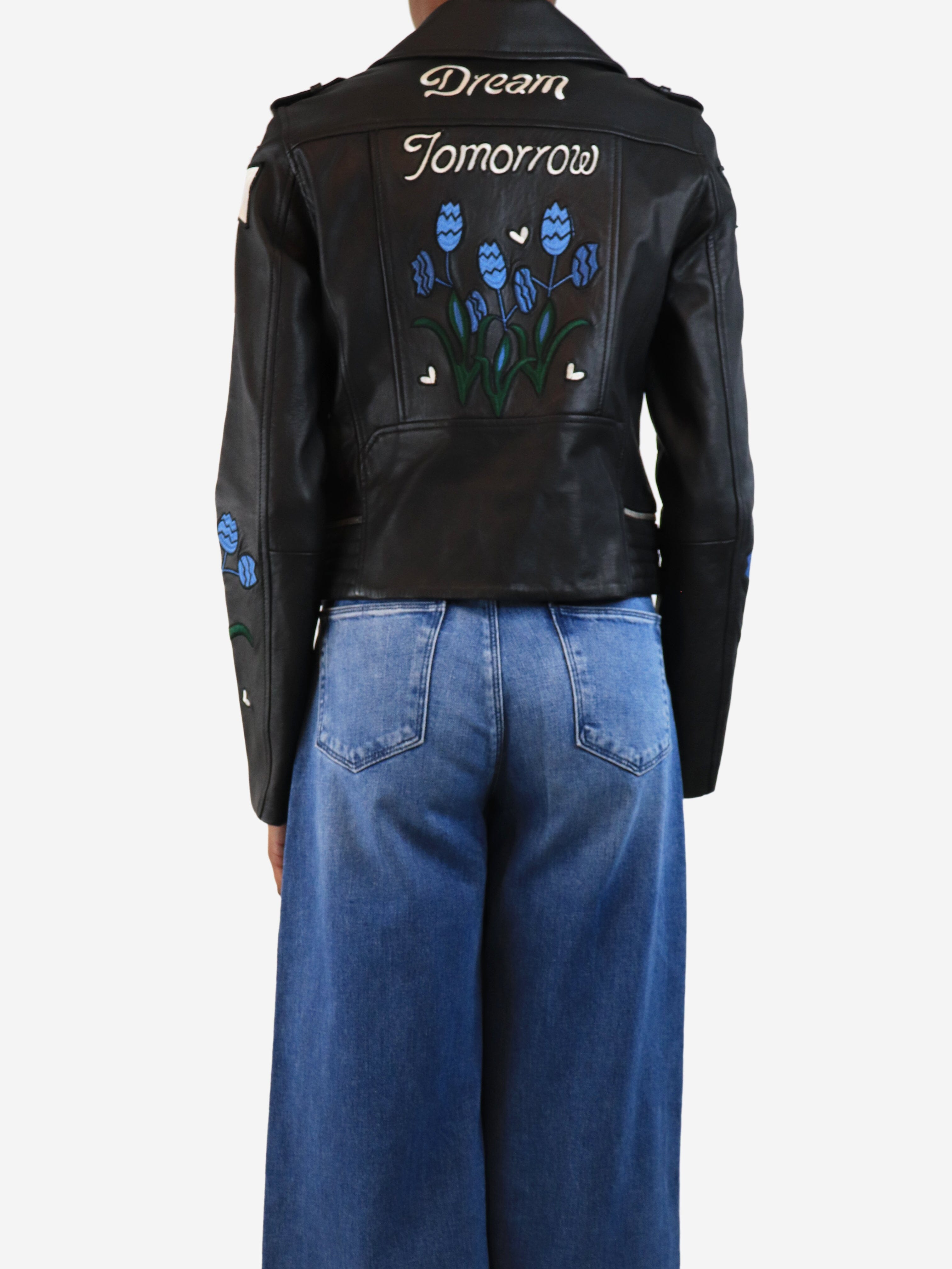Black Leather Embroidered Biker Jacket for Women - Size UK 6 (US 4) - Stylish Motorcycle Jacket for Riding, Night Out & Fashion Statement