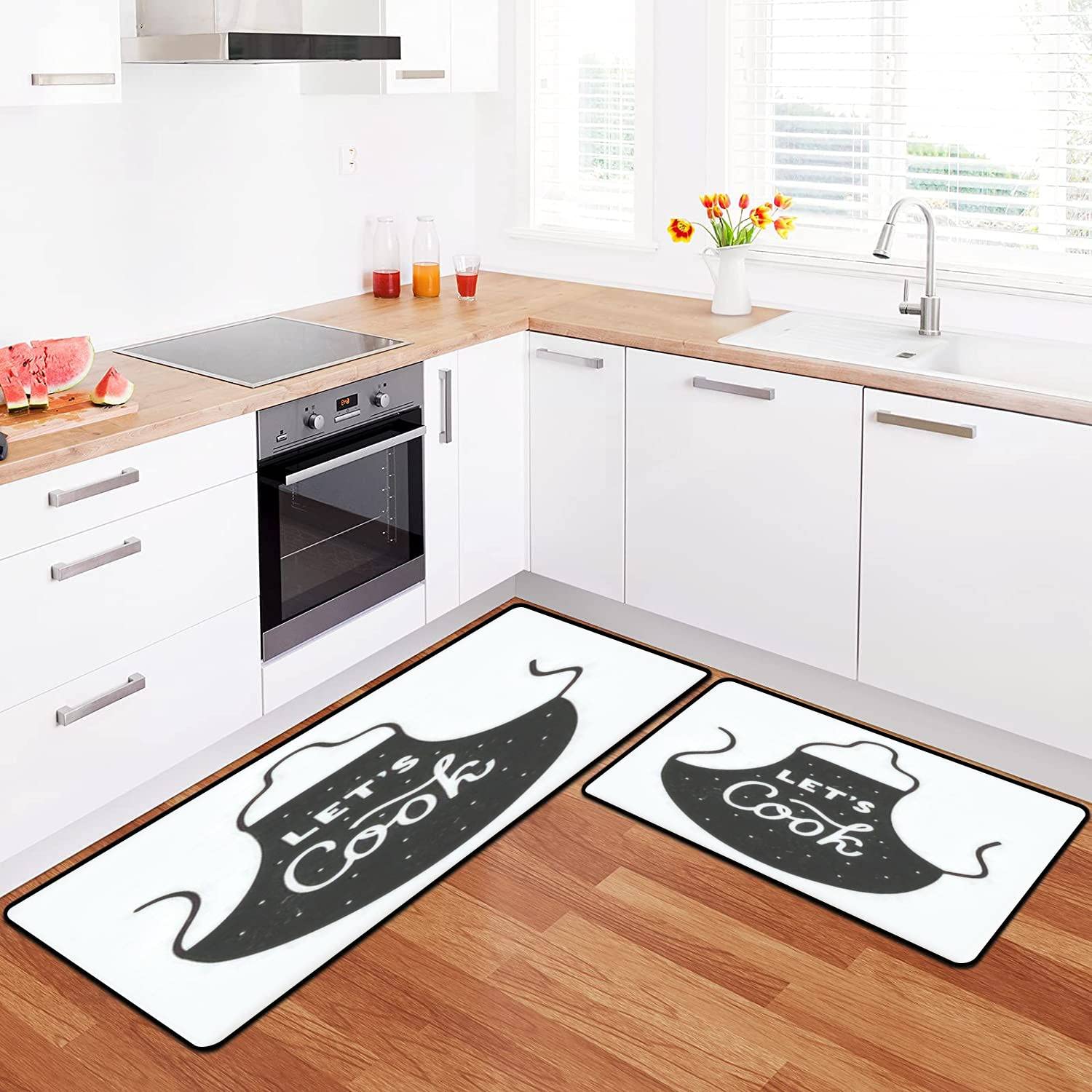 Non-Slip Washable Kitchen Rugs Set - Apron Silhouette Design with Inspirational Quote, Comfort Standing Mats for Floor Decor, Perfect for Kitchen Runner, Doormat & Bath Rug - Ideal for Home Cooking & Entertaining