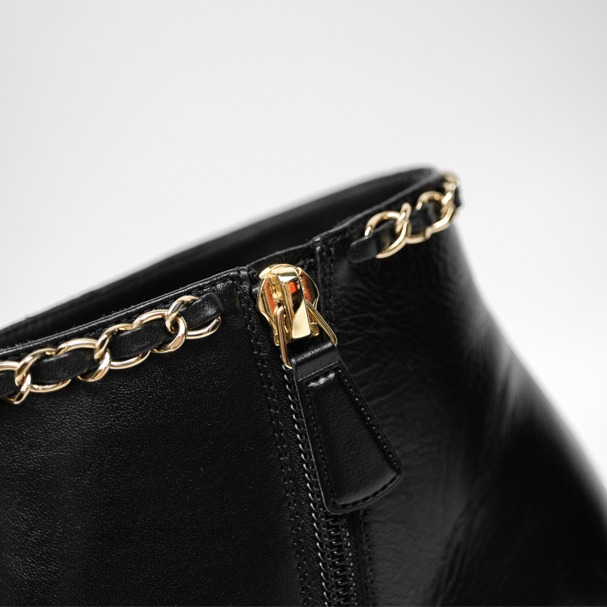 Chanel Black Cap Toe Chain Ankle Boots - Genuine Lambskin Leather Size 36.5 EU (Women's US 6.5) - Luxury Fashion Boots for Evening Parties & Date Nights