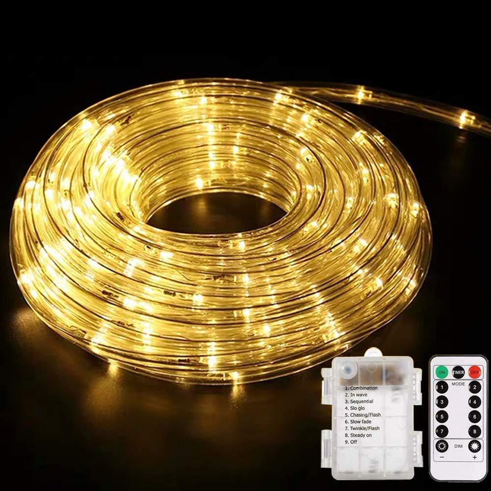 YoungPower 40ft LED Rope Lights - 120 Warm White Battery Operated Fairy String Lights with Remote Control | Waterproof Outdoor & Indoor Christmas Decorations for Trees, Patio, Bedroom, Boat, Garden Party & Wedding Decor