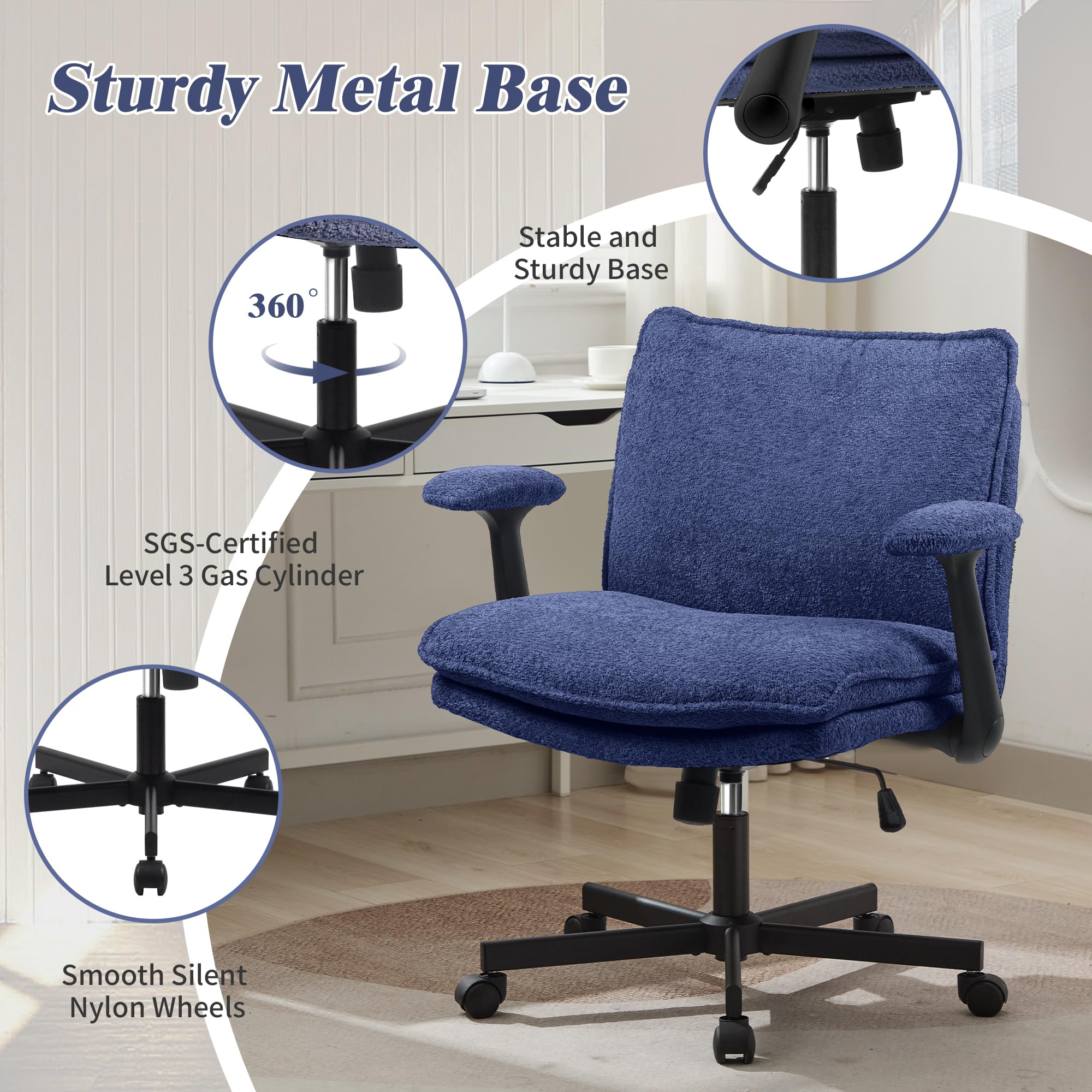 Ergonomic Cross Legged Office Chair with Wheels - Adjustable Flip-Up Armrests & Wide Seat - Navy Blue Upholstered Desk Chair for Home Office, Vanity, Apartment - Perfect for Meditation, Reading & Computer Work