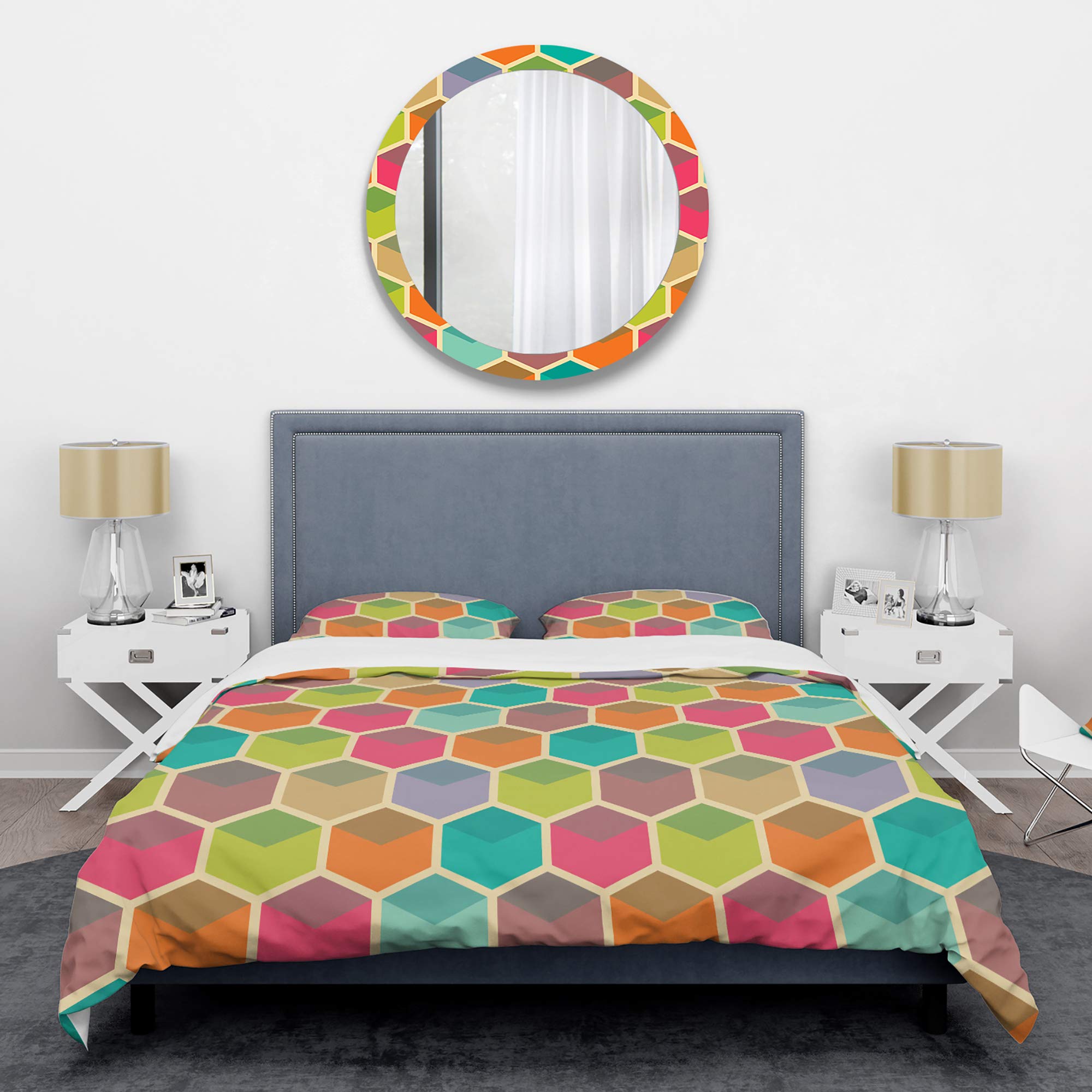 Retro Hexagon Pattern Mid-Century Modern Duvet Cover Set - King Size 3-Piece Bedding Set, Multi-Color Geometric Design for All Seasons | Perfect for Vintage Home Decor & Guest Room Styling