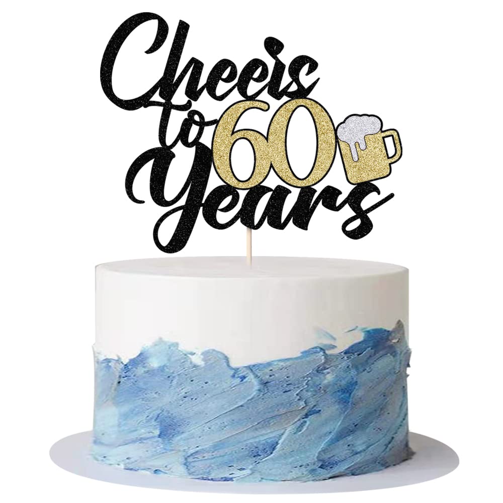 Kaoenla Black Gold Glitter 'Cheers To 60 Years' Beer Cake Topper - Elegant 60th Birthday Decor for Men & Women, 60th Wedding Anniversary Party Supplies, Milestone Celebration Cake Decoration (60) - Perfect for Retirement Parties, Diamond Anniversary Events & Golden Birthday Celebrations