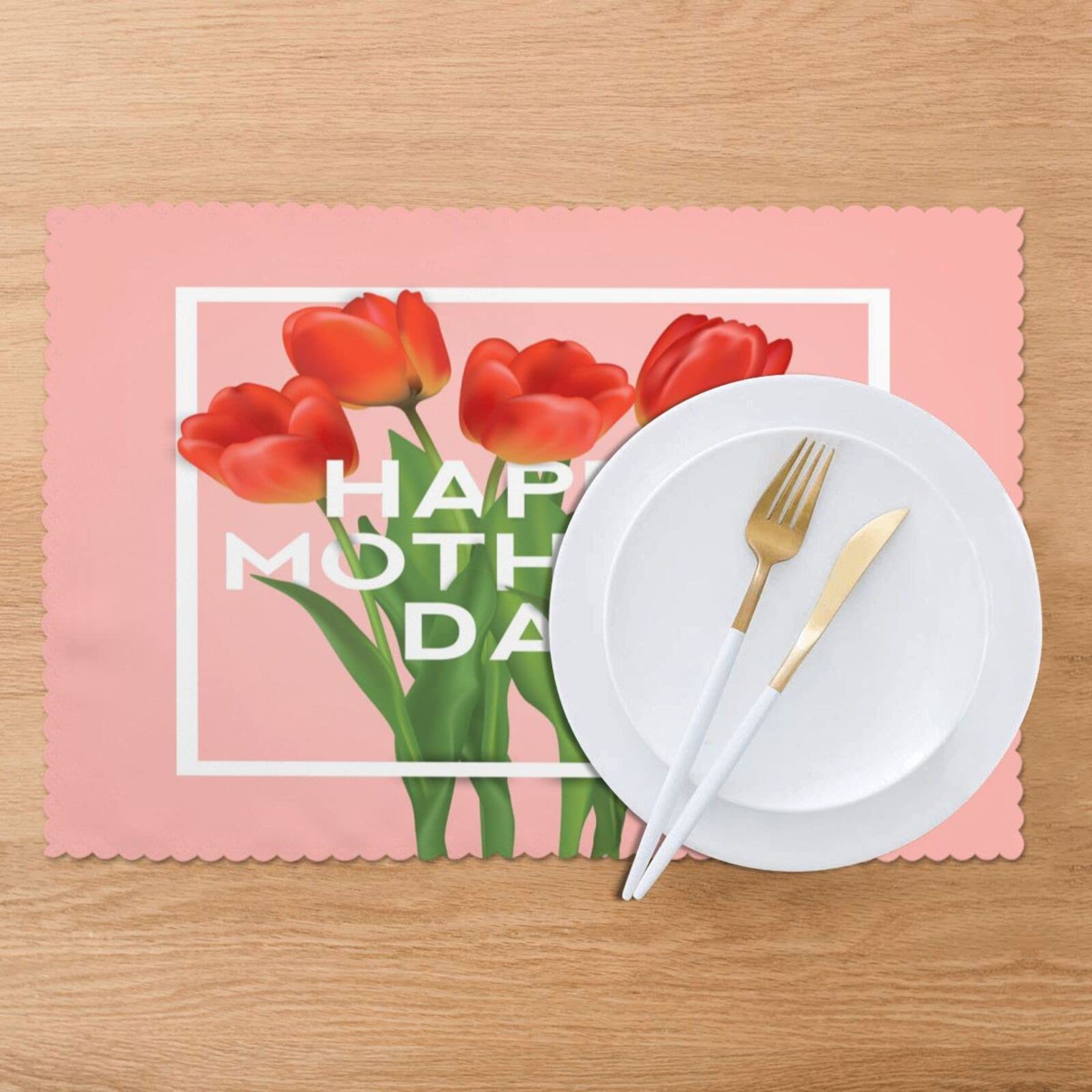 Happy Mother's Day Placemats Set of 4 - Red Tulip Floral Design 12x18 Inch Washable & Heat-Resistant Table Mats for Kitchen Dining - Perfect for Family Meals, Holiday Decor, and Home Entertaining