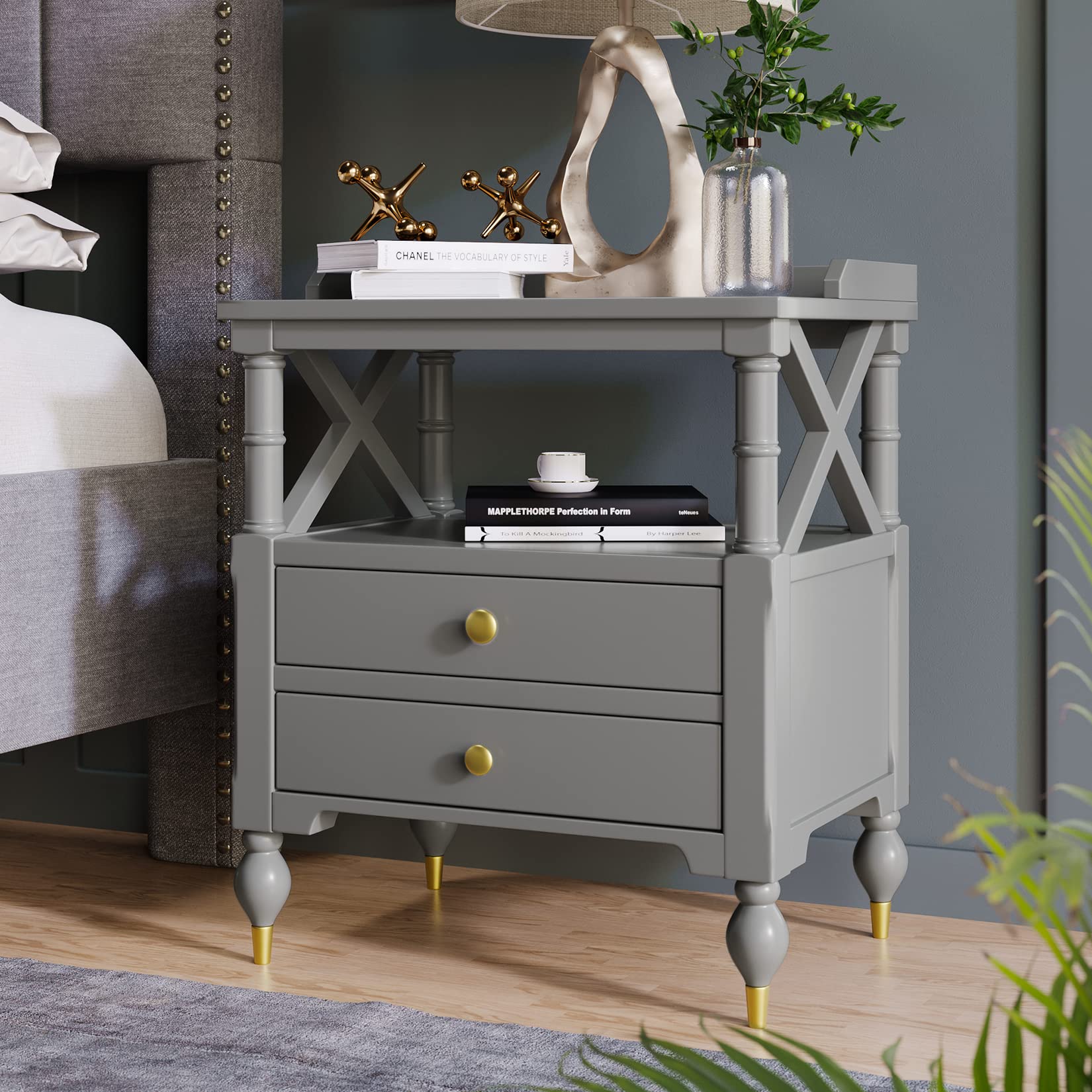 Modern Nightstand with 2 Easy-Pull Drawers & Open Shelf - Bedside Table with Metal Glides & Fenced Desktop - Gray End Table for Bedroom, Living Room, Dorm - Perfect for Storing Books, Lamps & Bedroom Essentials