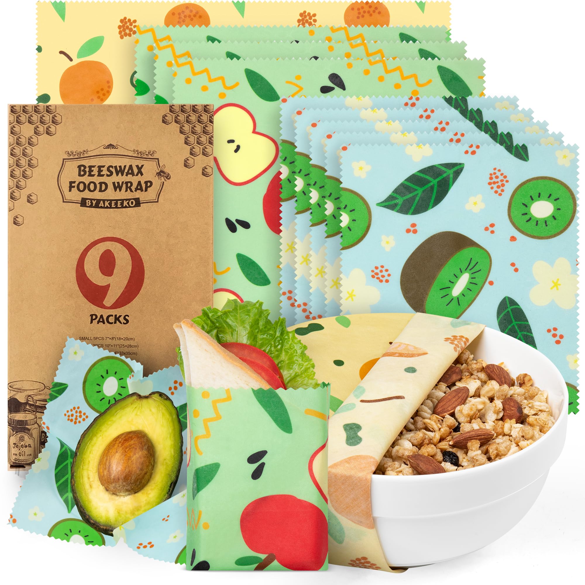 Eco-Friendly Beeswax Food Wraps Set of 9 - Reusable Plastic-Free Food Storage with Assorted Fruit Patterns (4 Small, 3 Medium, 2 Large) - Perfect for Sandwich Wrapping, Cheese Preservation & Leftover Covering