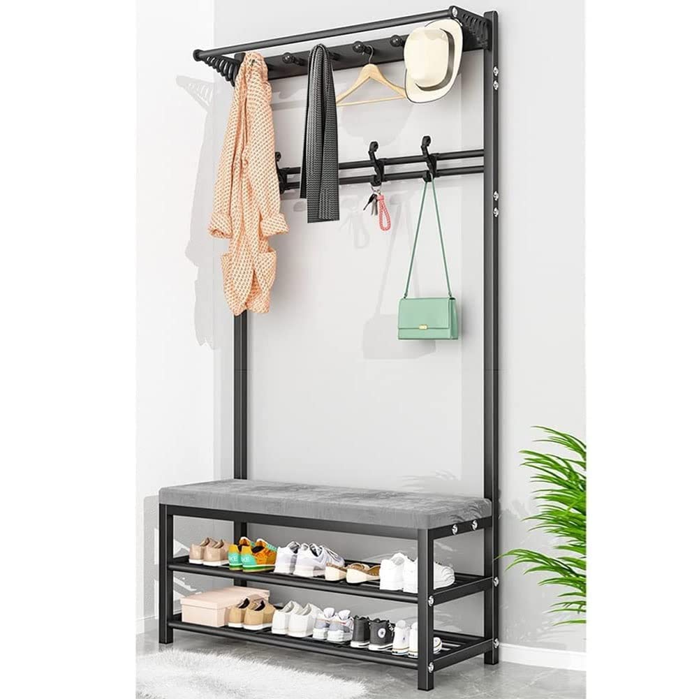 Modern 3-in-1 Entryway Hall Tree with 10 Hooks & 2-Tier Shoe Storage - Black Metal Coat Rack Bench (80x33x170cm) for Hallway, Bedroom & Mudroom Organization | Space-Saving Entry Solution for Shoes, Coats & Bags