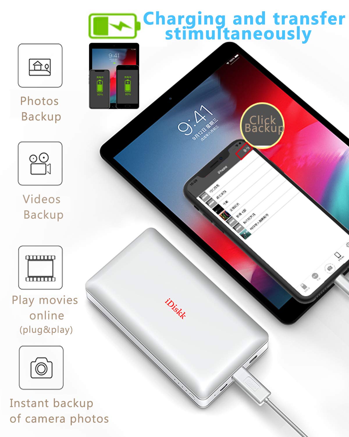 iDiskk Apple MFi Certified 1TB External Hard Drive for iPad & iPhone - Photo Stick USB Storage for iPhone 16/15/14/13/12 Pro Max/11 Pro/X/XR, Android, Mac, iMac & PC - 10000mAh Power Bank - Perfect for Travel, Photography & Data Backup