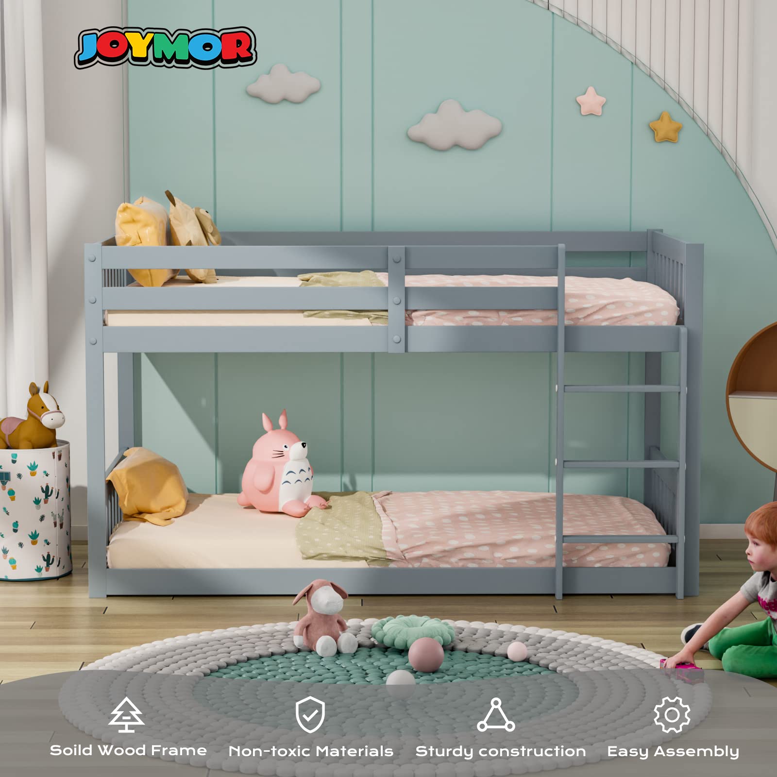 JOYMOR Twin Over Twin Solid Wood Bunk Bed for Kids & Teens with Ladder & Safety Rail - Space-Saving Bed Frame for Small Bedrooms, Dorm Rooms & Shared Kids' Rooms - Gray (Mattress Not Included)