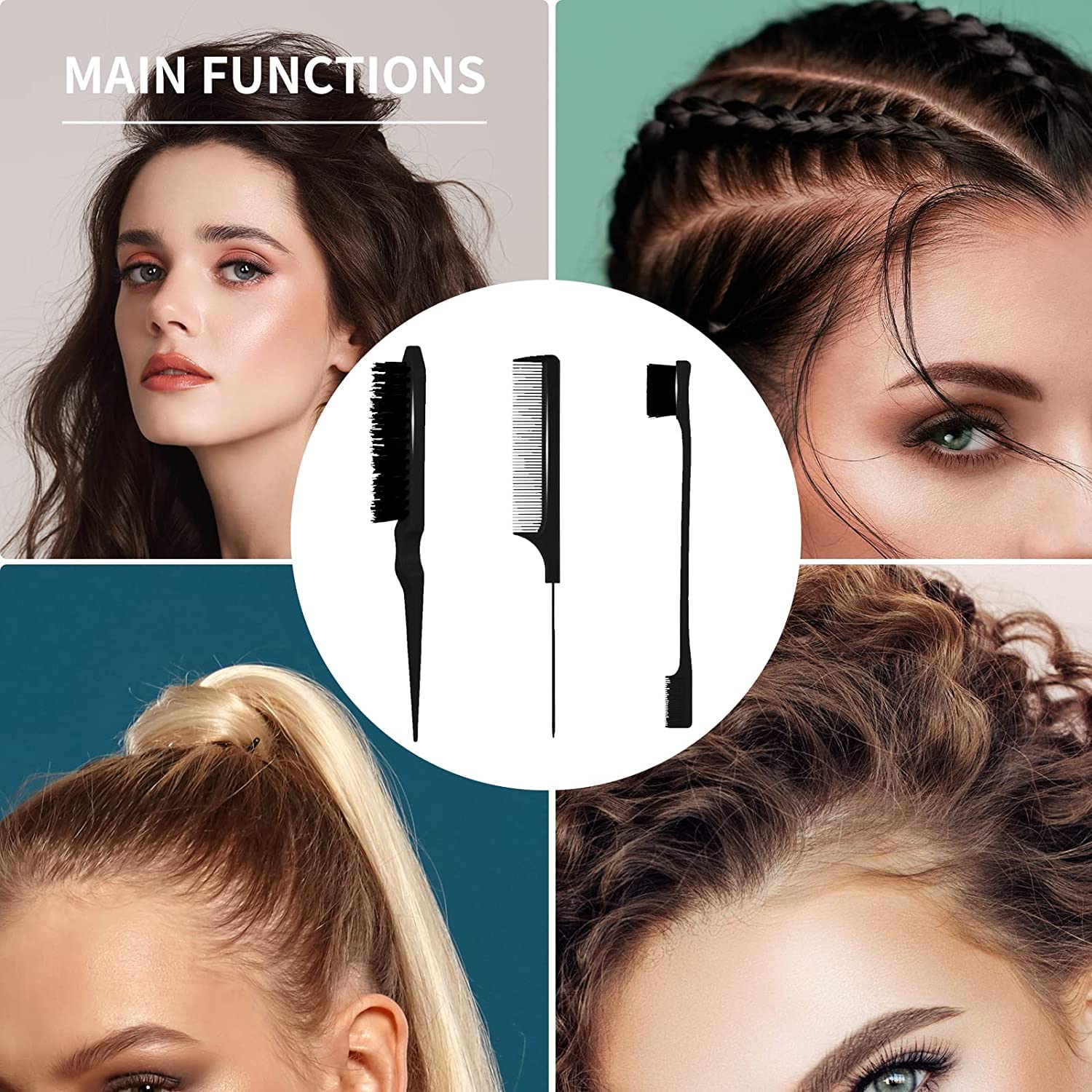 3-Piece Hair Styling Comb Set - Teasing Brush, Rat Tail Comb & Edge Brush for Smoothing, Styling & Detangling - Perfect for Women's Hair Care & Salon Use (Black) - Great for Updos, Ponytails & Edge Control