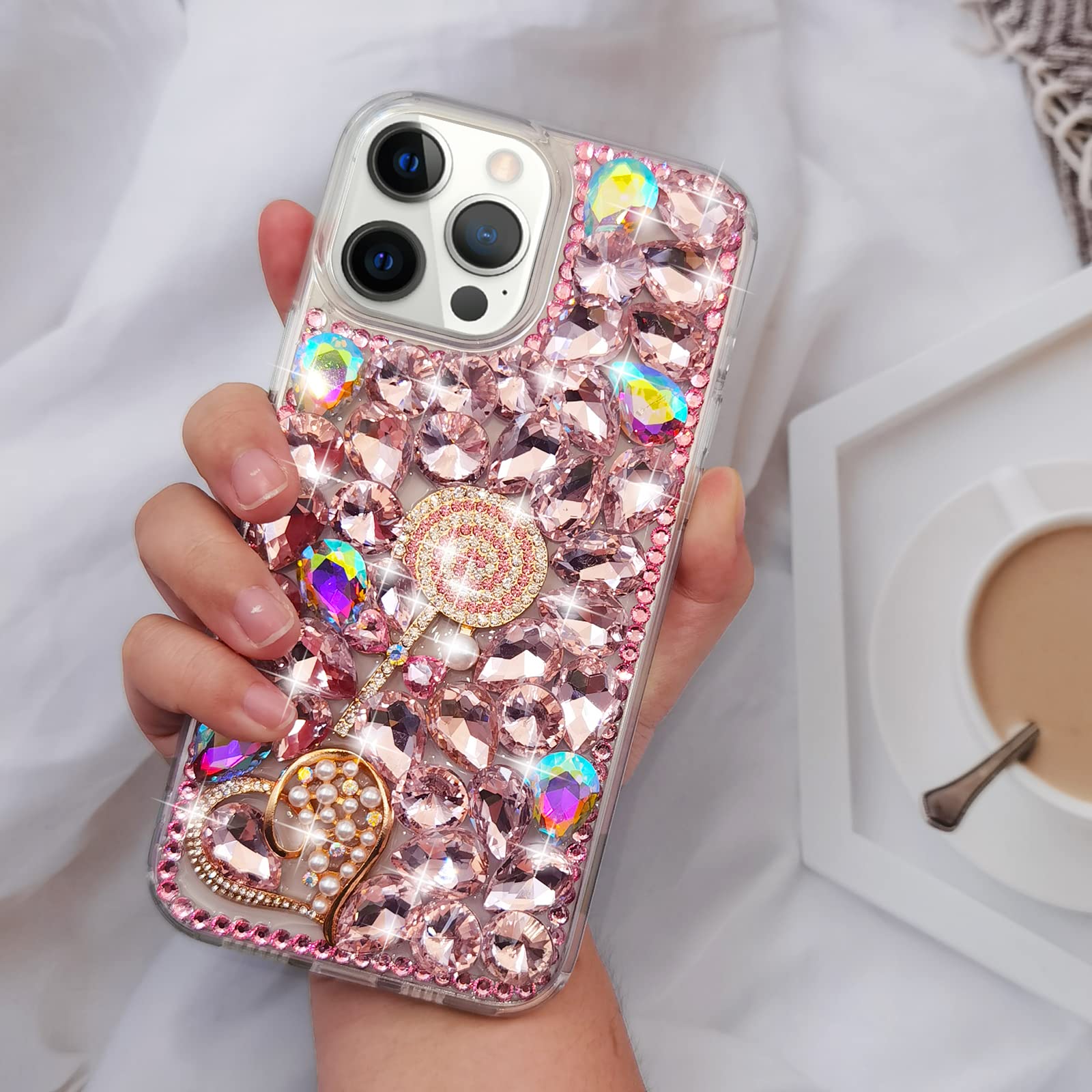 Losin Luxury Diamond Rhinestone Case for iPhone 13 Pro Max - Sparkling 3D Glitter Cover with Heart & Pearl Design - Fashion Bling Phone Case for Women & Girls (Perfect for Parties, Weddings & Special Occasions)