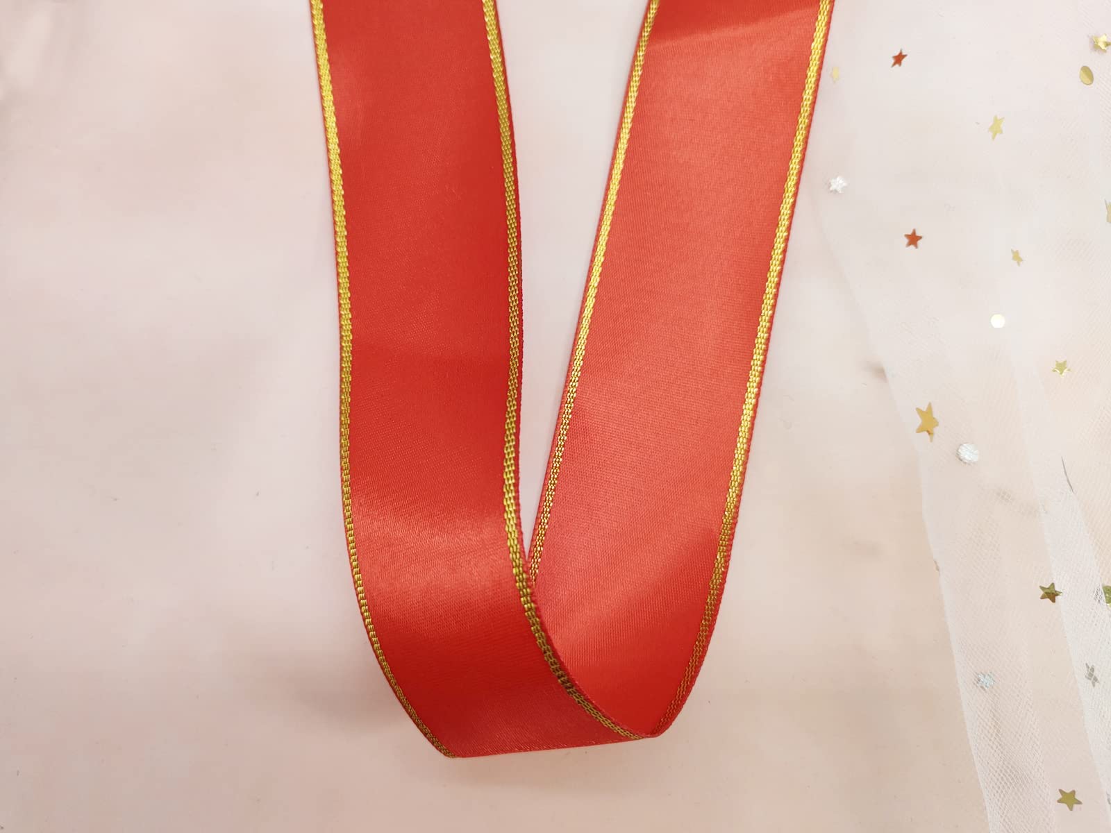 1.5 Inch 25 Yards Red Satin Ribbon with Gold Edge - Double Faced Gift Wrapping Ribbon for Wedding, Party, Baby Shower Decorations - Perfect for DIY Crafts, Gift Packaging, and Holiday Decor