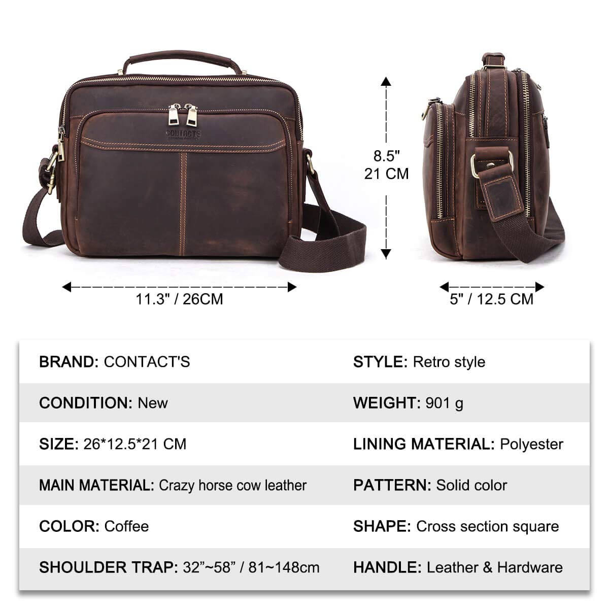 Premium Hiram Men's Briefcase - Genuine Crazy Horse Leather Messenger Bag for 9.7