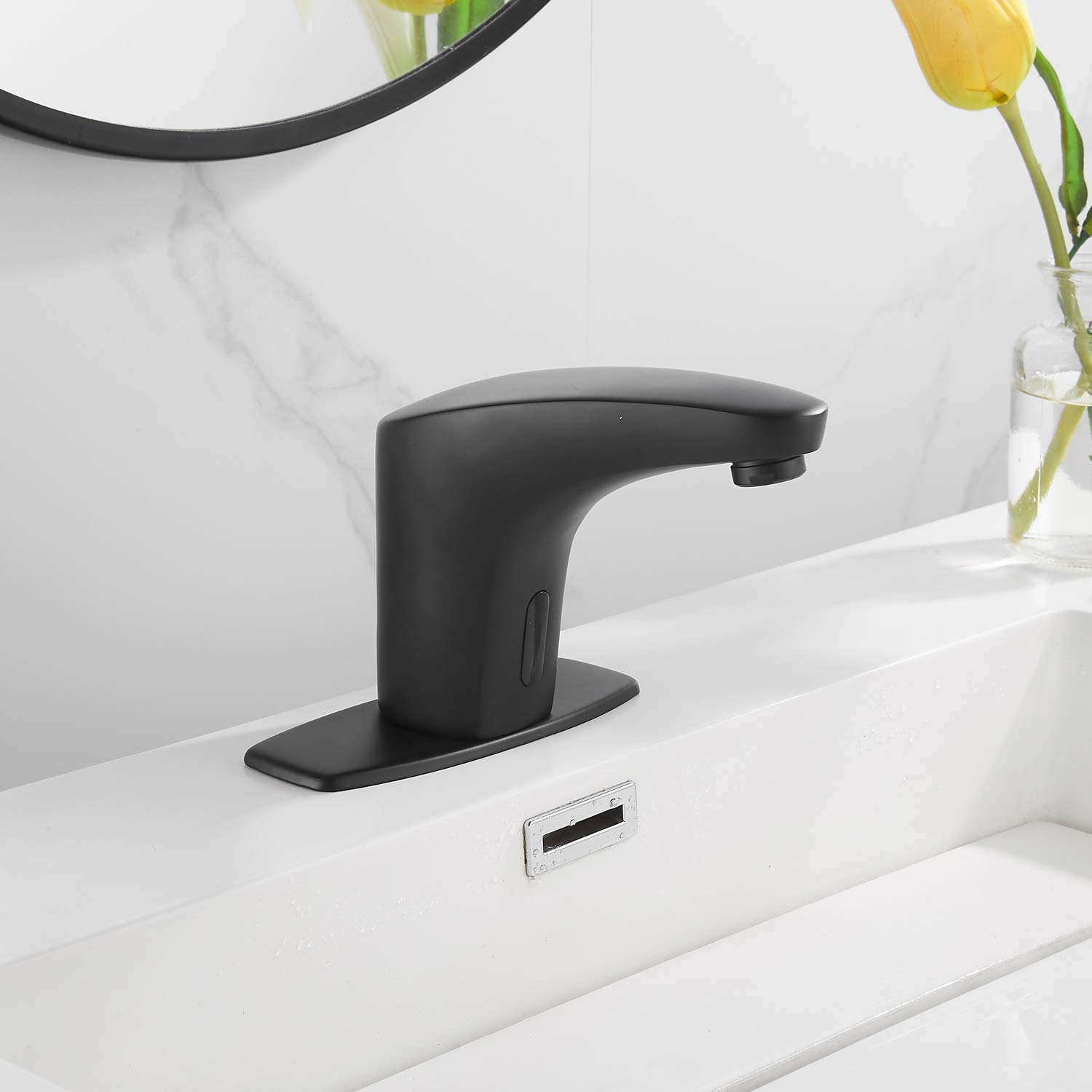 Automatic Touchless Bathroom Sink Faucet - Matte Black Sensor Faucet with Control Box & Temperature Mixer Valve - Dual Powered (Battery/AC) for Vanity, Lavatory, or Basin - Perfect for Modern Homes, Public Restrooms & Water Conservation