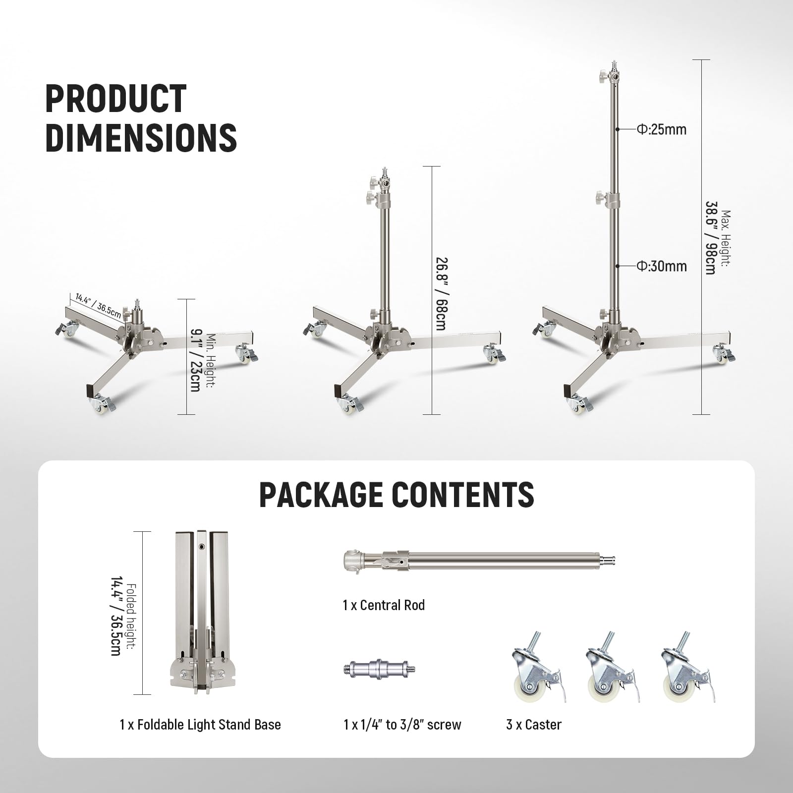 NEEWER Heavy Duty Light Stand with Wheels, 3.2ft/98cm Adjustable Stainless Steel Tripod for Photography - Supports Speedlight, Softbox & Monolight (22lb Capacity) - Perfect for Studio, Portrait & Video Lighting Setup