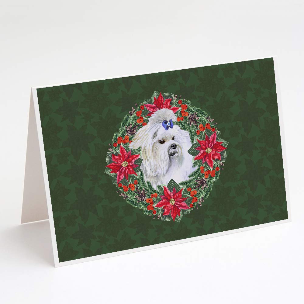 Premium Blank Greeting Cards Set - Maltese Poinsettia Wreath Design | 8 Pack A7 Size (5x7) Note Cards with Envelopes | Perfect for Christmas, Holiday Wishes, Thank You Notes & Special Occasions