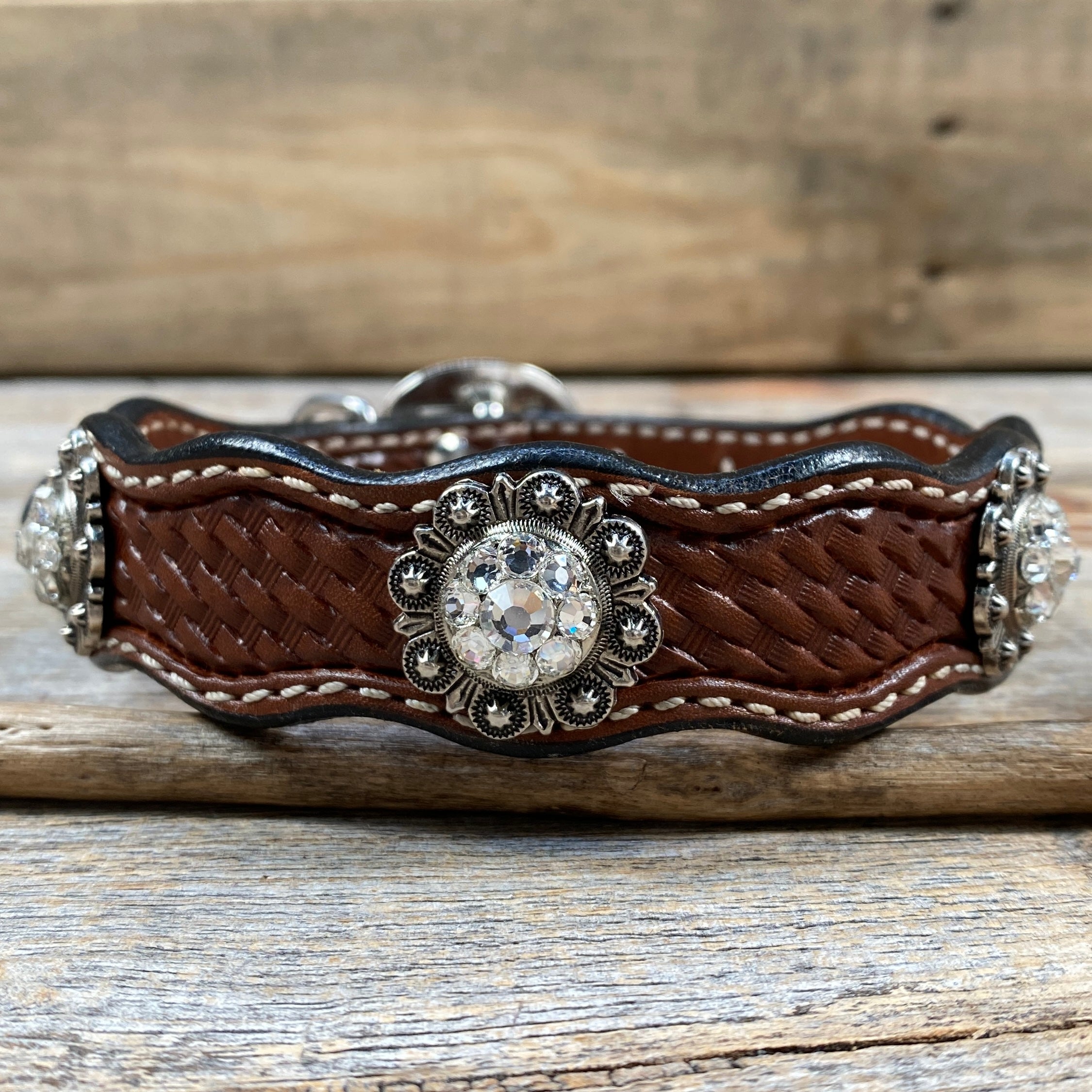 Premium Genuine Leather Dog Collar with Antique Silver Conchos - Adjustable 10 to 22 Inches (DC44) - Perfect for Training, Walks & Outdoor Adventures