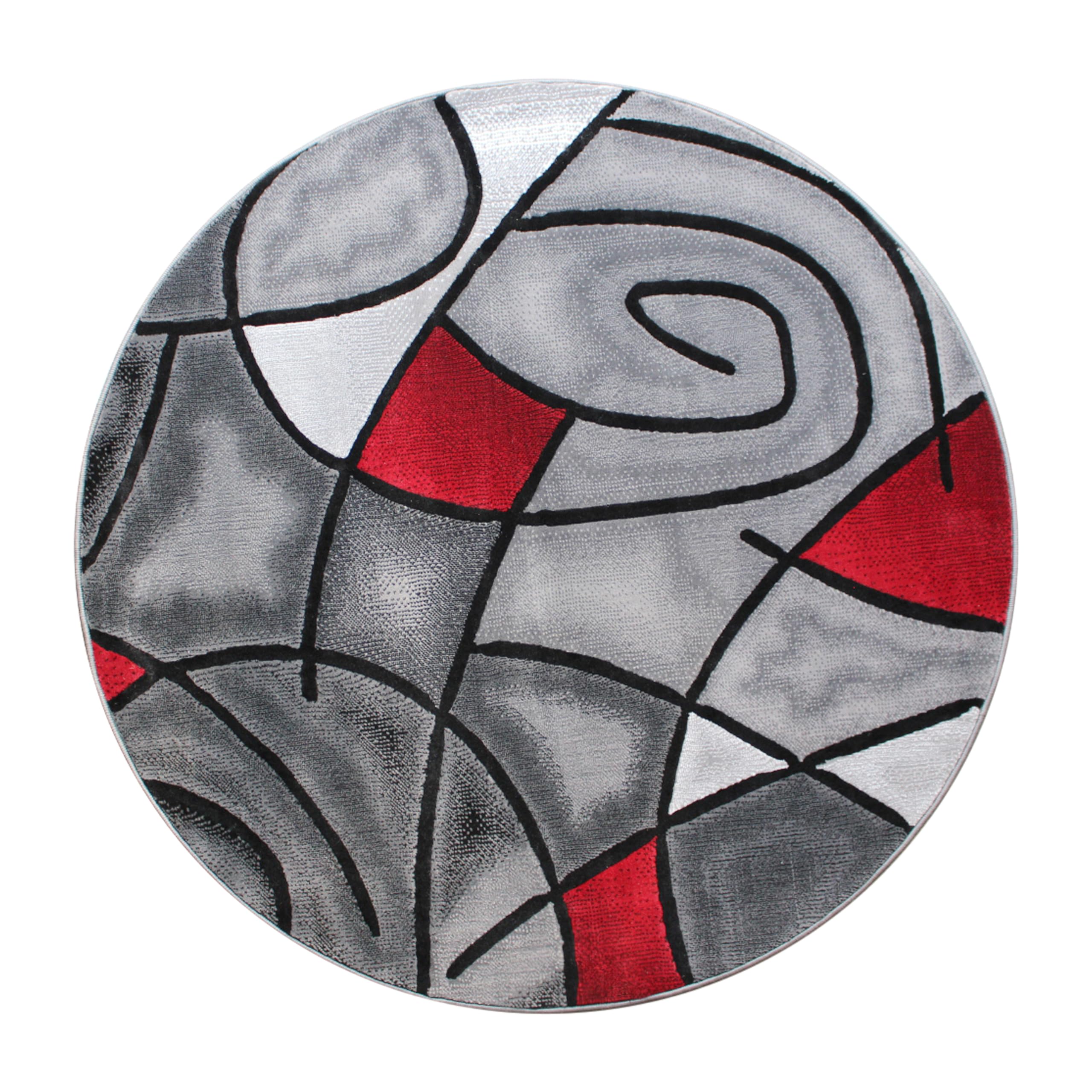 EMMA + OLIVER Modern Round Plush Olefin Accent Rug - 5x5 Feet Abstract Geometric Pattern with Gray Gradient & Red Accents - Stain & Moisture Resistant - Perfect for Living Room, Bedroom or Office Decor