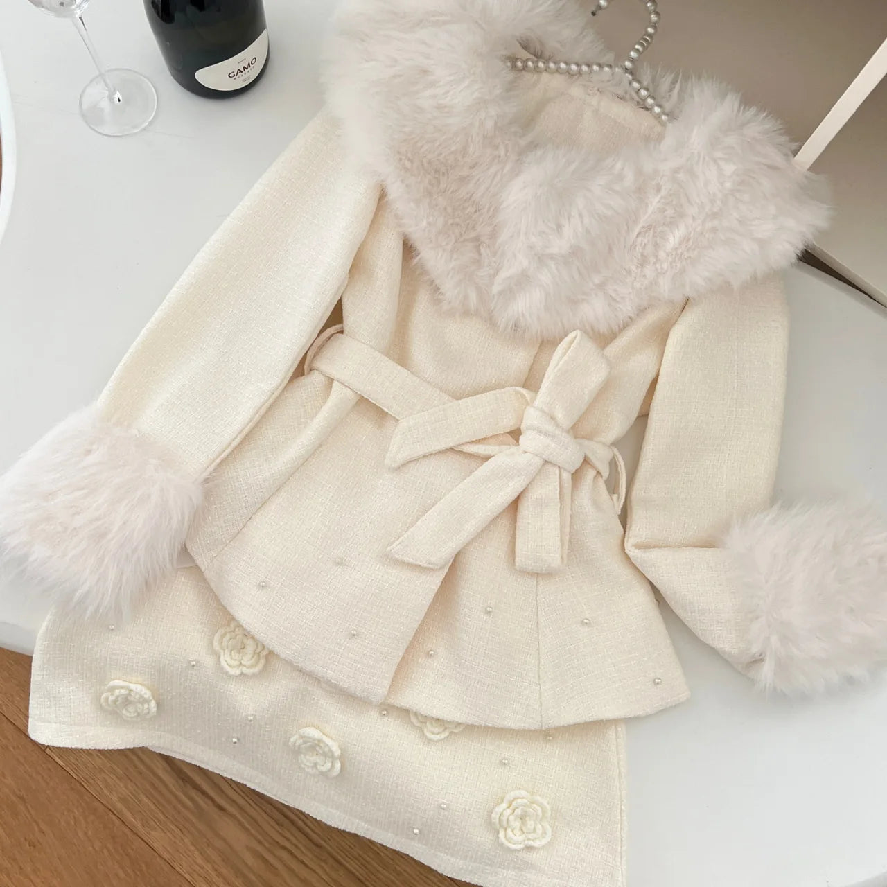 2024 New Women's Autumn Winter Retro Beige Plush Wool Coat & Floral Mini Skirt Two-Piece Set - Warm Office Outfit & Holiday Party Dress