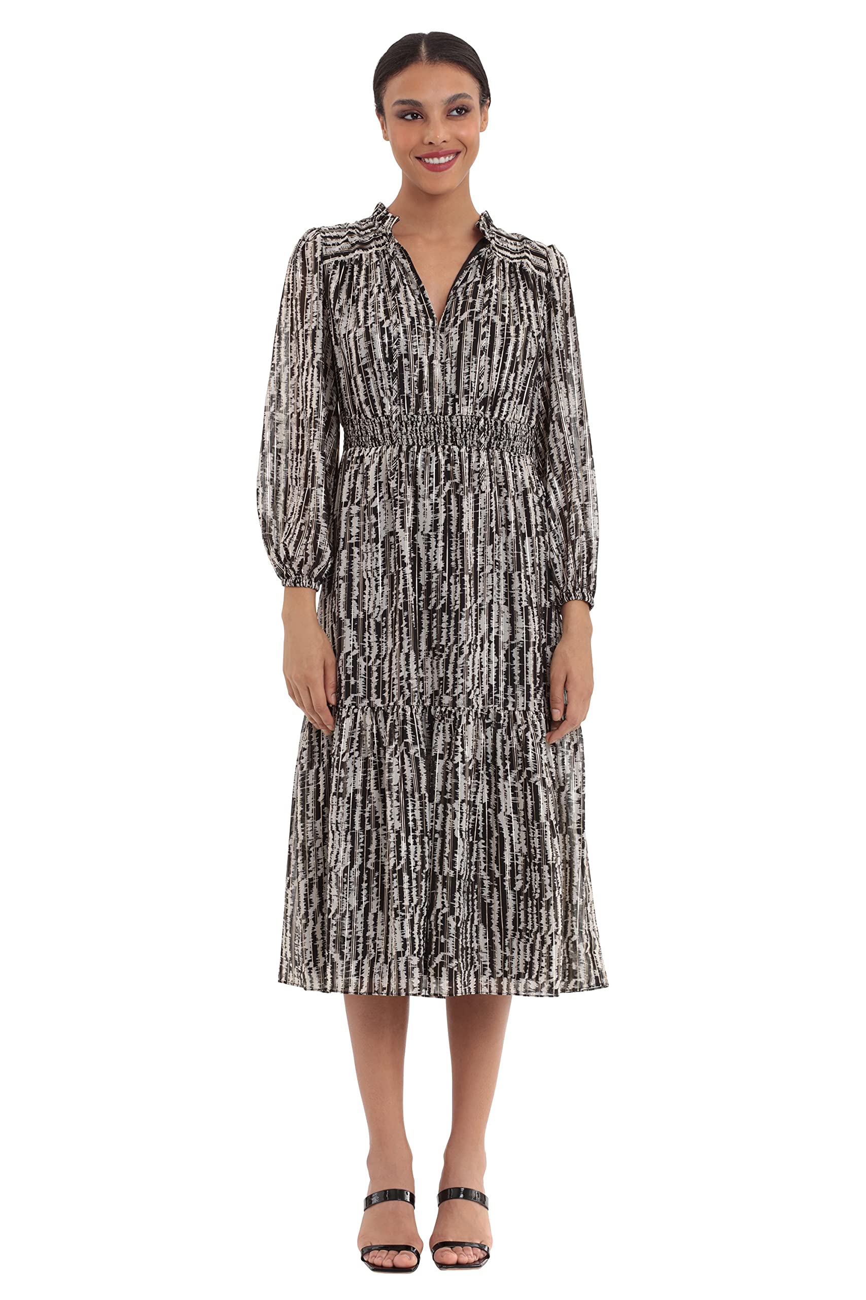 Donna Morgan Women's Smocked Waist Tie Front Tiered Dress - Floral Print Summer Midi Dress for Casual Outings & Beach Vacations