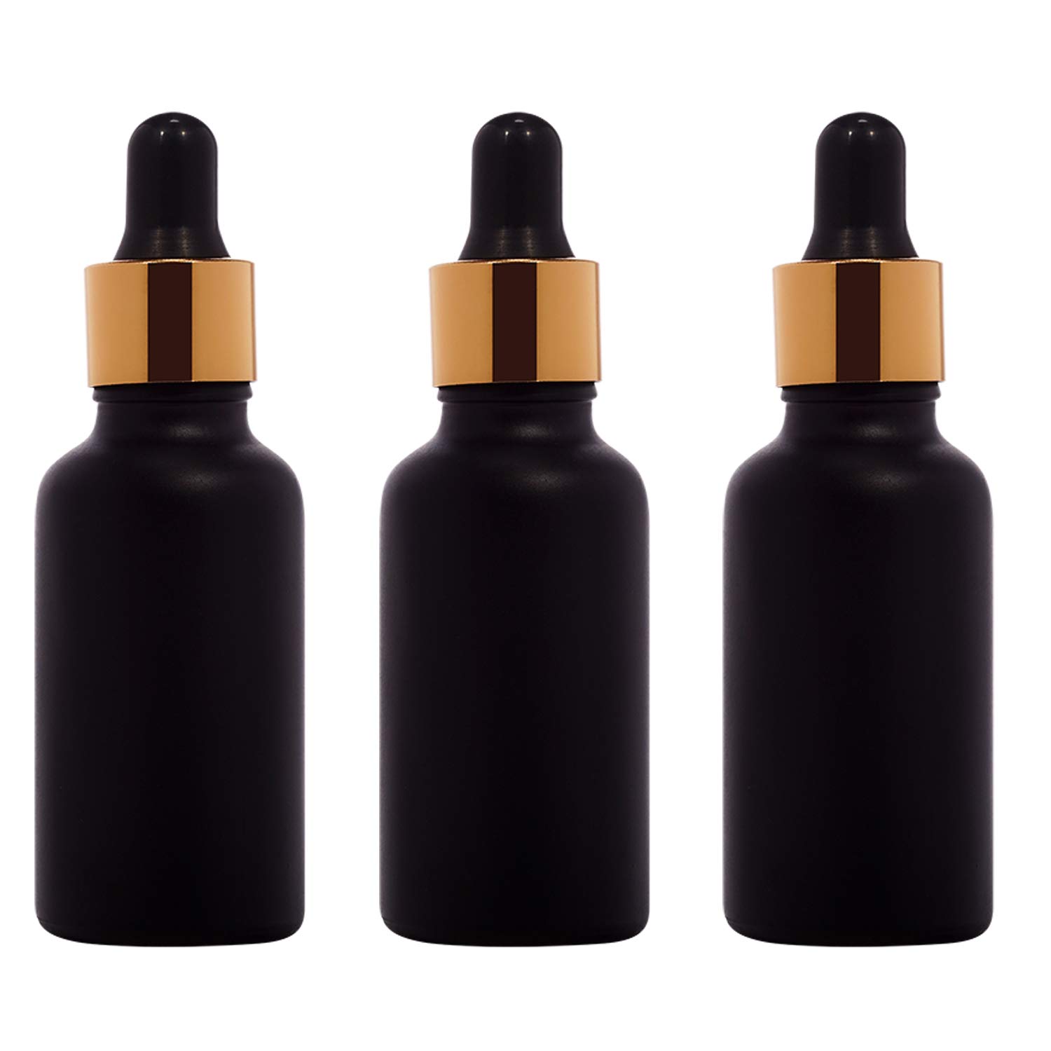 Rentra S.P.A 30ml Glossy Black Round Glass Bottle with Dropper, Gold Ring & Black Silicone Teat - Essential Oil, Perfume & DIY Cosmetic Storage Solution