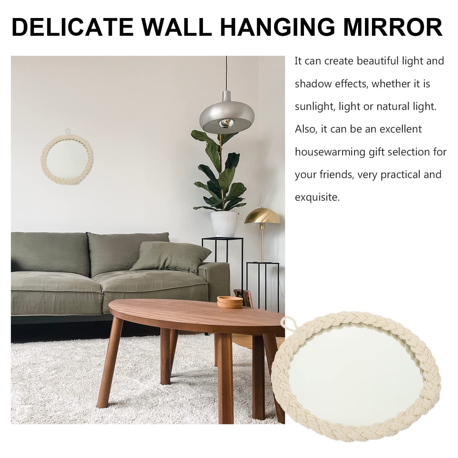 FOMIYES Decorative Wall Hanging Mirror with Glass Pendant and White Cotton Rope - Boho Chic Home Decor for Bedroom, Living Room, Entryway
