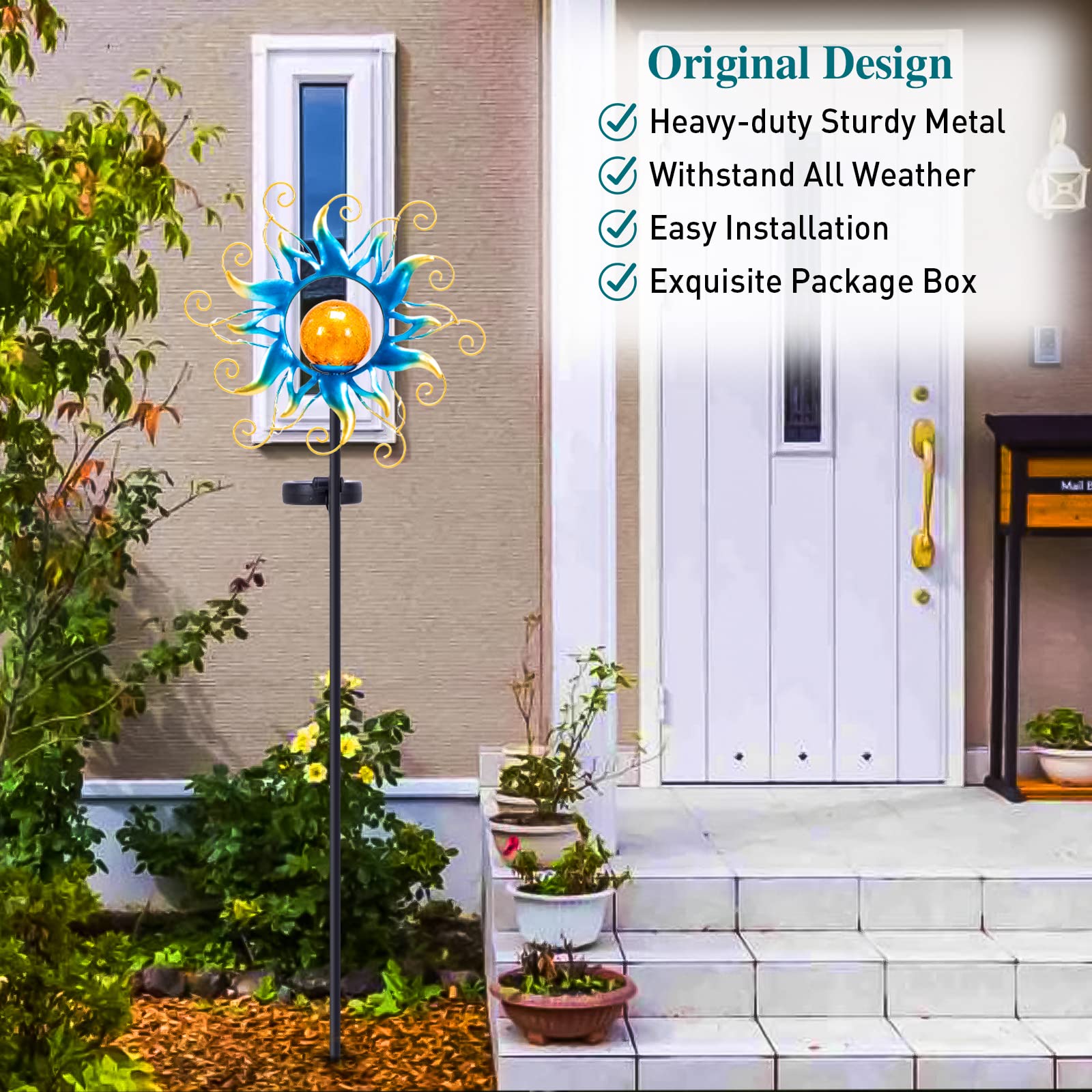 Solar Powered Outdoor Garden Lights - Blue Metal Sun Crackle Glass Globe Stake with 30 LED Waterproof Decor - Perfect for Patio, Lawn, Yard, Pathway & Backyard Lighting - Unique Gift Ideas for Women, Mom, Wife - Ideal for Evening Gatherings, Landscape Accent & Holiday Decorations