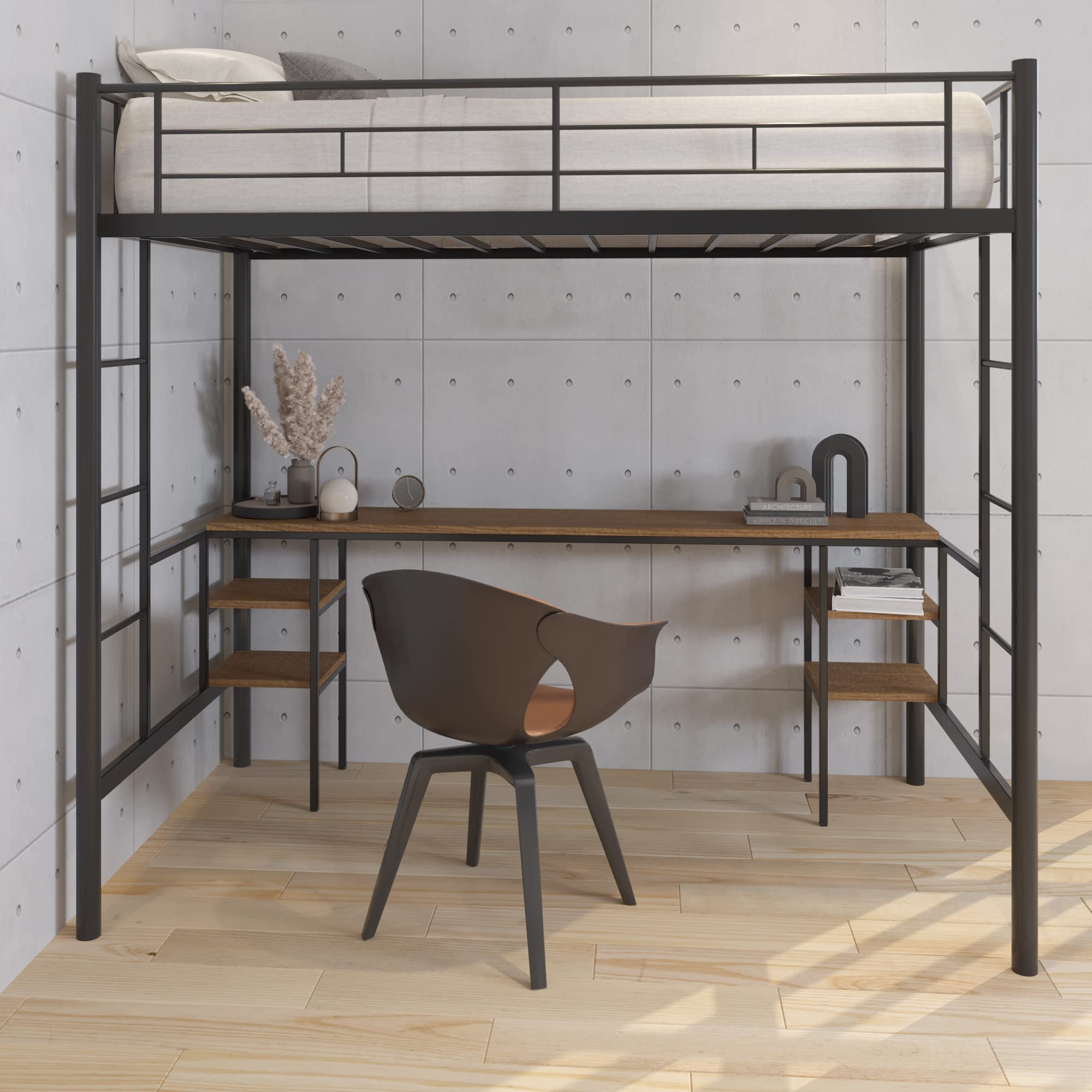Twin Loft Bunk Bed with Desk & Storage | CPC Certified Metal Loft Bed Frame | Space-Saving Design with Strong Board Slats | Full-Length Guardrails & 2 Built-in Ladders | Perfect for Kids' Rooms, Dormitories & Small Apartments
