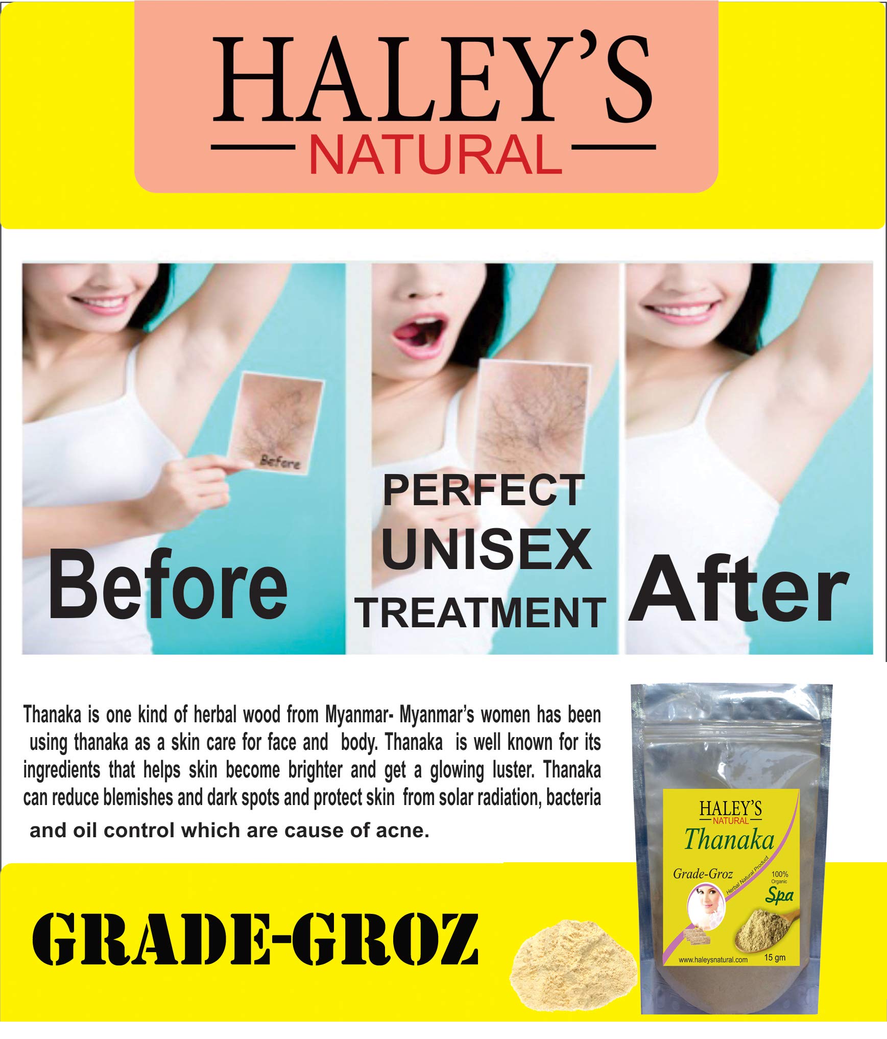Haley's Natural Thanaka Powder for Permanent Hair Removal - 30g | Organic Skin Care & Hair Removal Solution for Smooth, Hair-Free Skin at Home