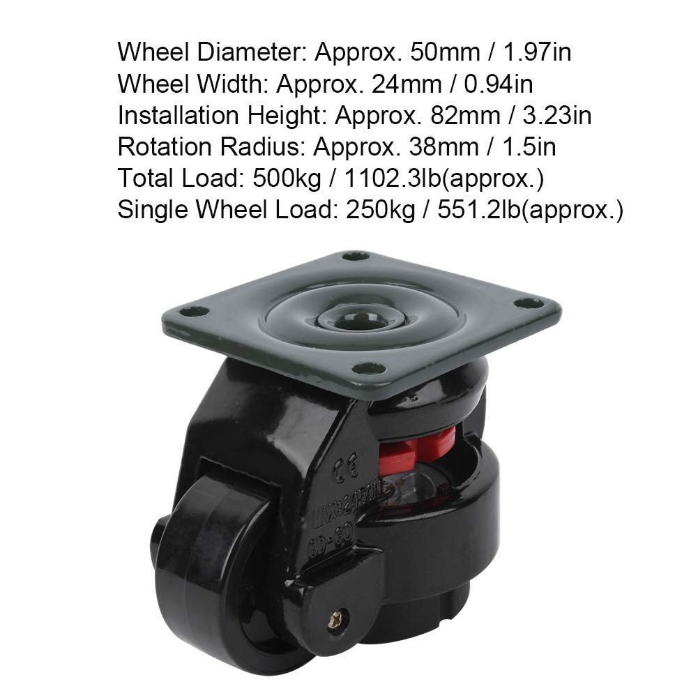 4pcs Heavy Duty Industrial Leveling Caster Wheels GD-60F - 500kg/1102.3lb Capacity - Adjustable Plate Casters for Machinery, Workbenches & Industrial Equipment