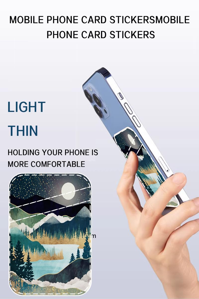 Adhesive Leather Phone Card Holder - Slim Stick-On Wallet for Credit Cards & ID, Compatible with Most Smartphones (Cute Star Mountain Design) - Perfect for Travel, Shopping & Everyday Use