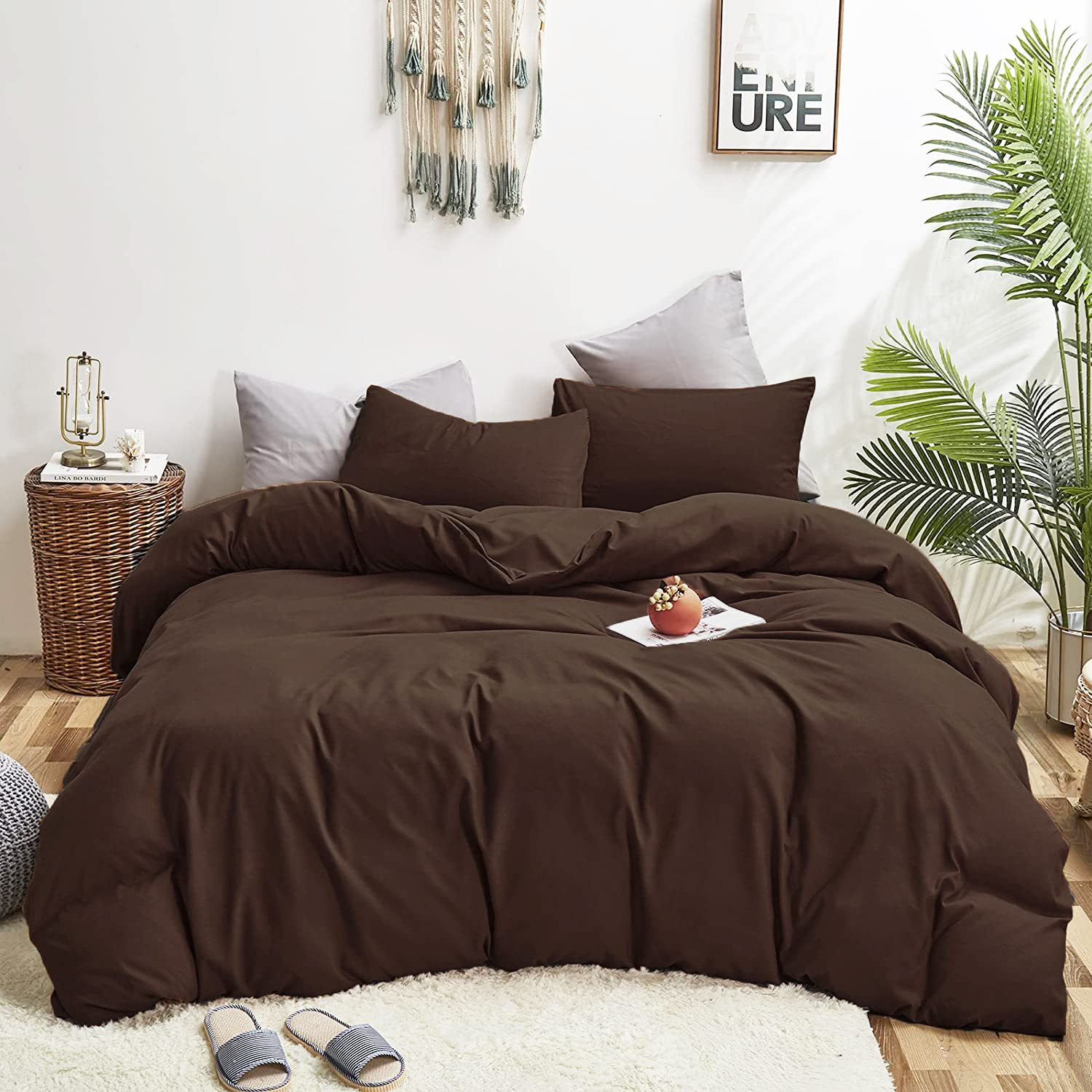 Wellboo King Size Brown Comforter Set - Solid Mocha Coffee Cotton Bedding for Adults & Teens - Dark Chocolate Quilt & Chestnut Blanket - Modern Farmhouse Bedroom Decor - Perfect for Master Bedroom, Guest Room, and Cozy Winter Nights