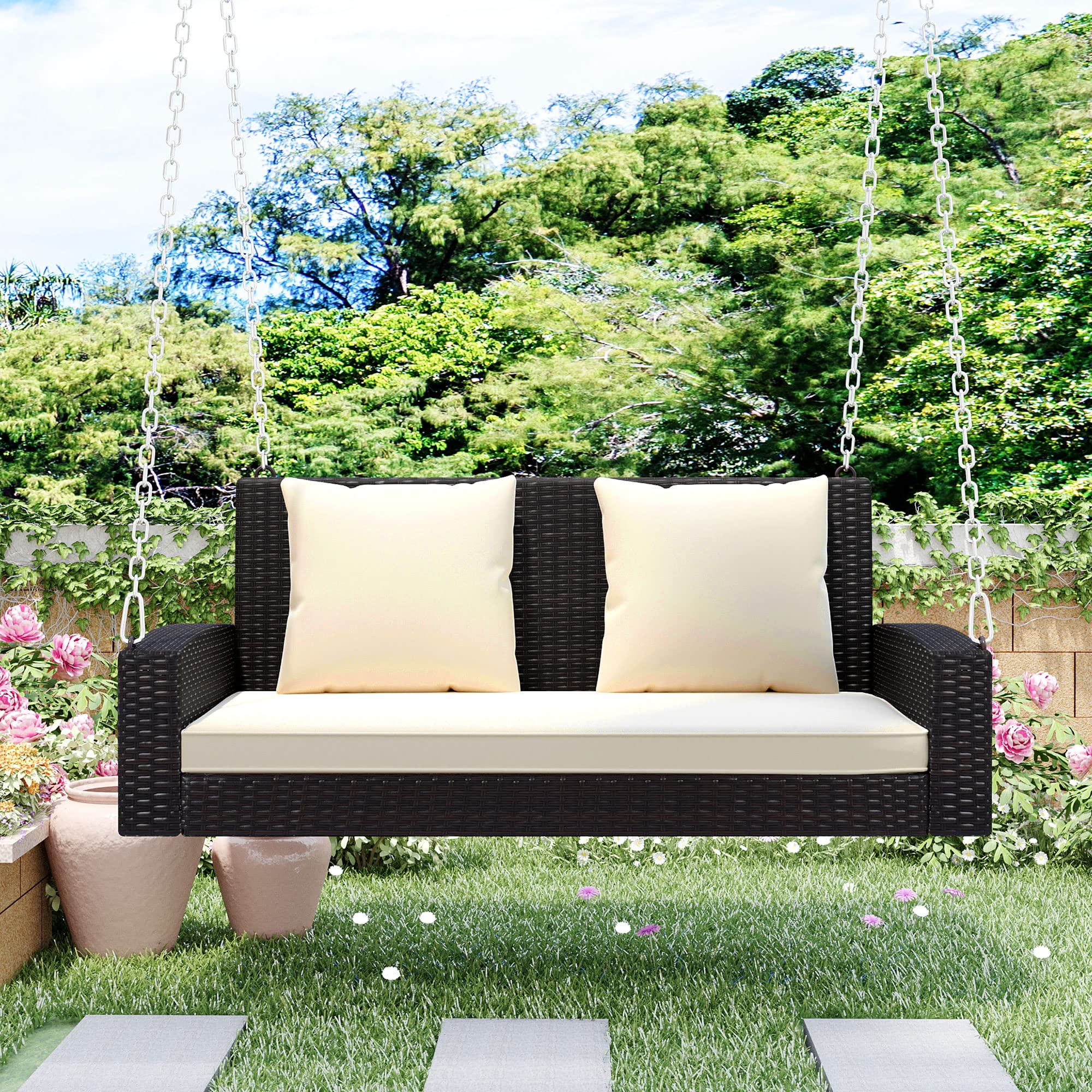 Polibi 2-Seat Rattan Swing Bench with Chains & Cushion - Outdoor Porch Swing for Garden, Backyard, Patio, Pond - Brown Wicker with White Pillow - Perfect for Relaxing, Lounging & Enjoying Nature