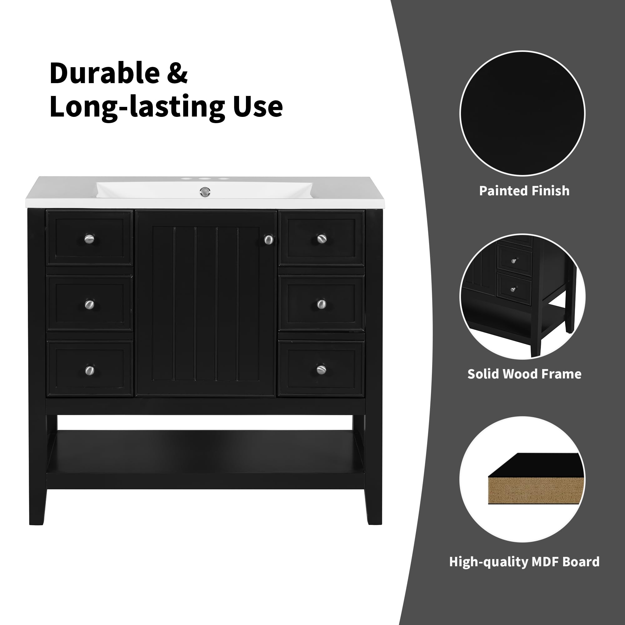 Harper & Bright Designs 36 Inch Bathroom Vanity with Sink - Freestanding Single Basin Vanity Set with Cabinet & 3 Drawers - Wood Bathroom Cabinet with Ceramic Sink - Black - Perfect for Small Bathrooms, Powder Rooms & Master Baths