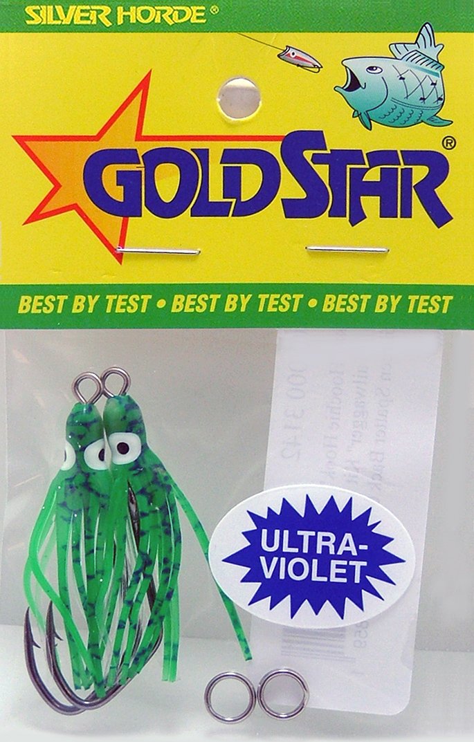 Silver Horde 1800-3142 2 Pack Hoochie Hook Tailwagger Kit - UV/Green Spatter Back Fishing Lures for Salmon & Trout - Perfect for Saltwater & Freshwater Angling
