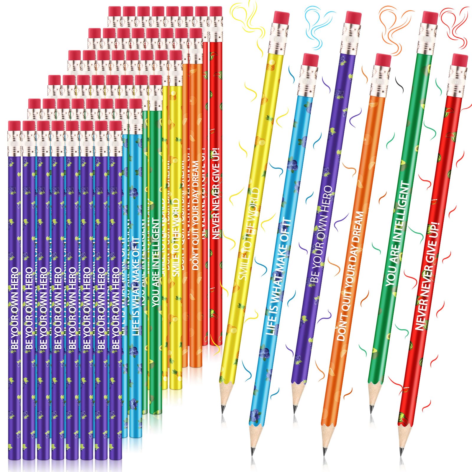 48-Pack Fruit Scented Motivational Pencils for Students - Colorful Wooden Graphite Pencils with Erasers, Inspirational School Supplies for Kids, Perfect for Classroom, Homework & Christmas Gifts (Vivid Style)